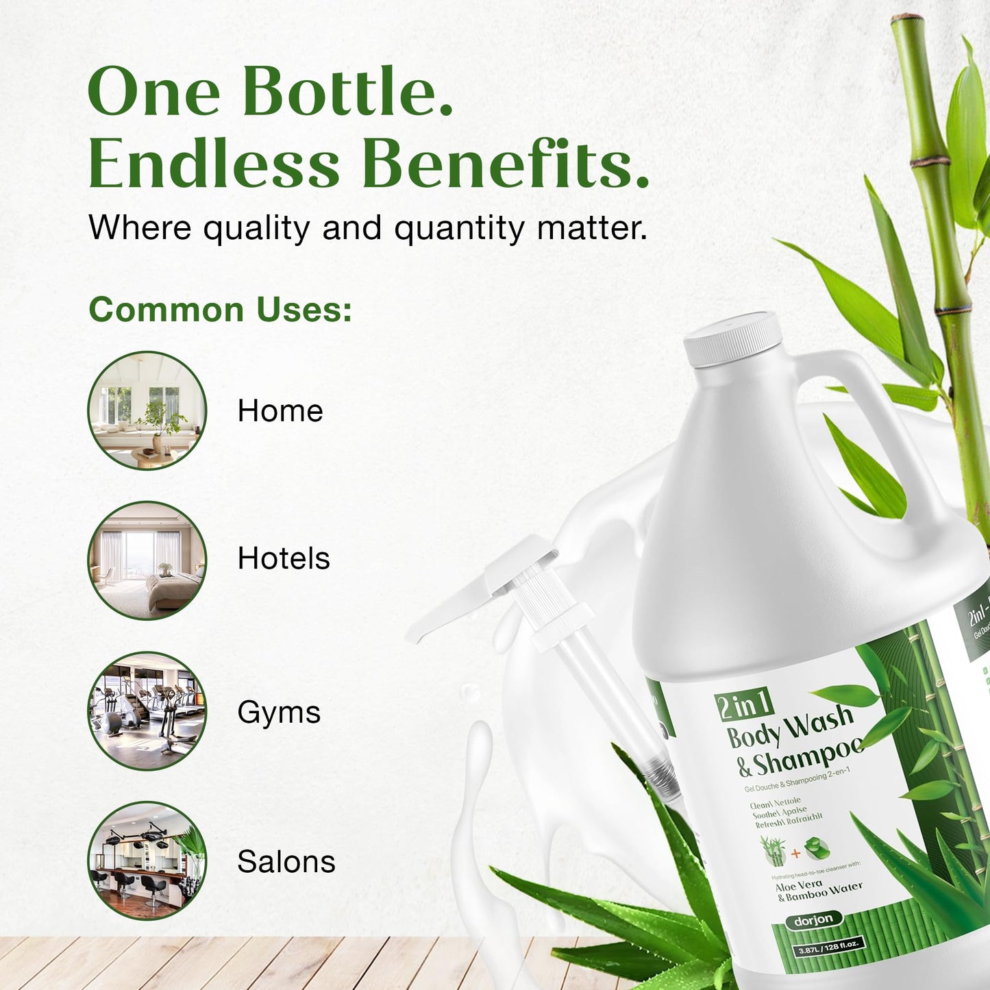 2-in-1 Shampoo and Body Wash with Pump - Aloe Vera & Bamboo Water Infused Moisturizing Formula Body Shampoo - Gentle, Refreshing Cleanser - Soothes, Hydrates, For All Skin, Hair Types - 1 Gallon