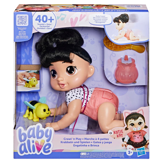 Baby Alive Crawl 'n Play Katie Kat Electronic Crawling Baby Doll Set, Black Hair, Kids Toys for Girls & Boys 3 Years & Up, 10.75 Inches/27 cm