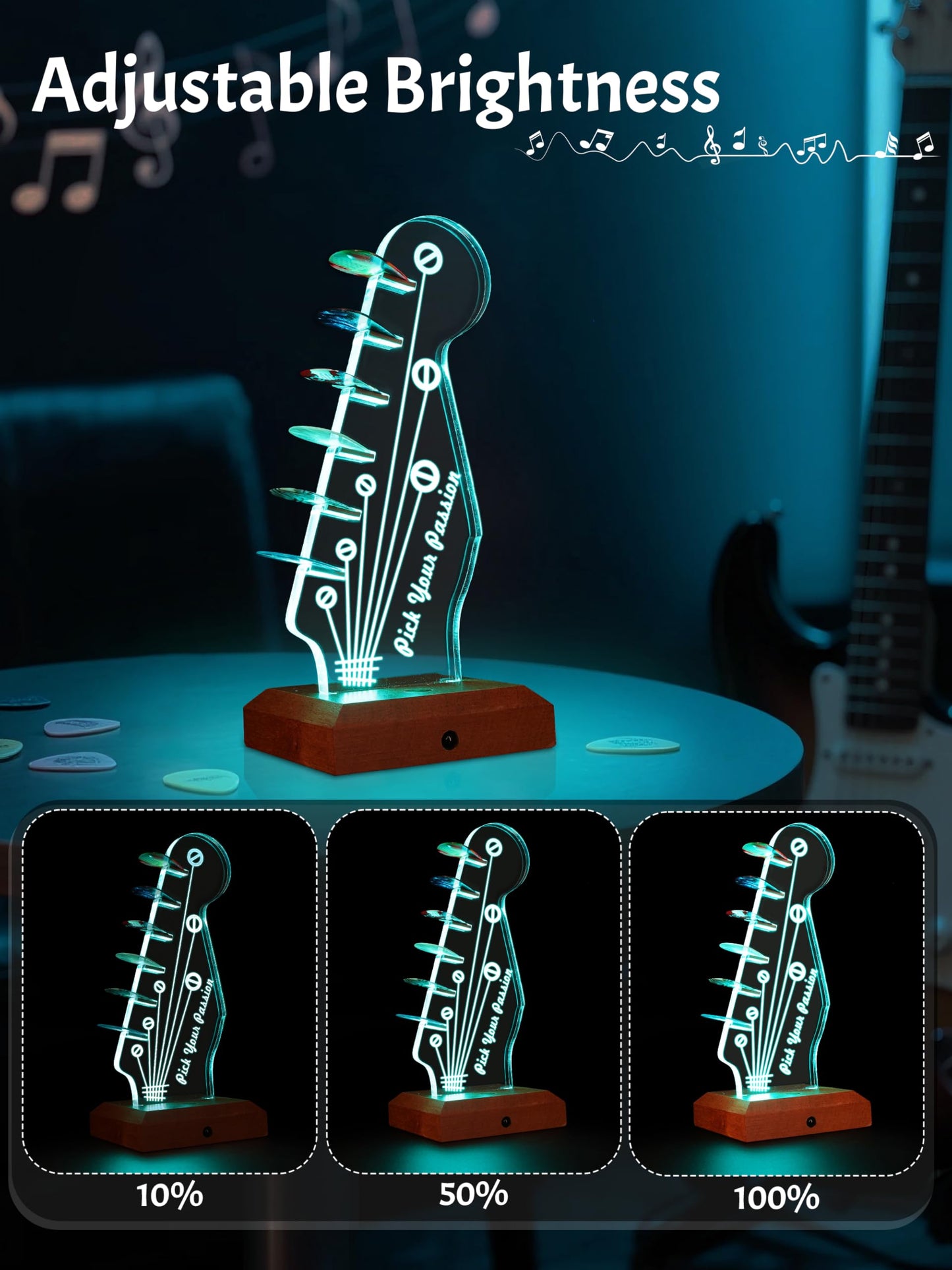 CoolGift Mart Light Up Guitar Pick Holder, Acrylic Wooden Electric Guitar Headstock Shaped Pick Holder with 16 Color Lights for Picks Storage and Display, Gift for Guitarists