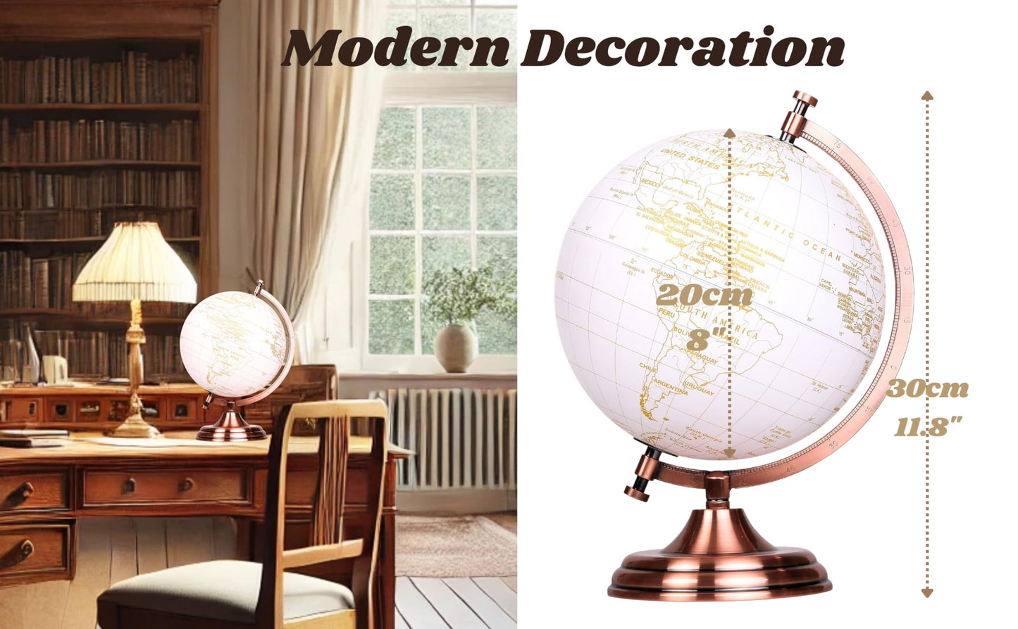 Exerz 20cm(8") Globe Golden and White - Wedding Globe Guest Book - Bronze Metal Arc and Base, Coated in Golden Colour in White (English)