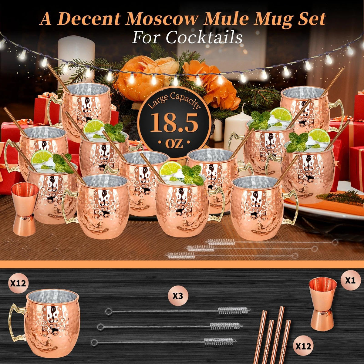 Moscow Mule Copper Mugs Set of 12 Plated Copper Mule Mugs 18oz Bulk Large Hammered Stainless Steel Cups with 1pcs 0.5oz Double Jigger 12pcs Stainless Steel Straws for Cold Chilled Drinks Cocktails