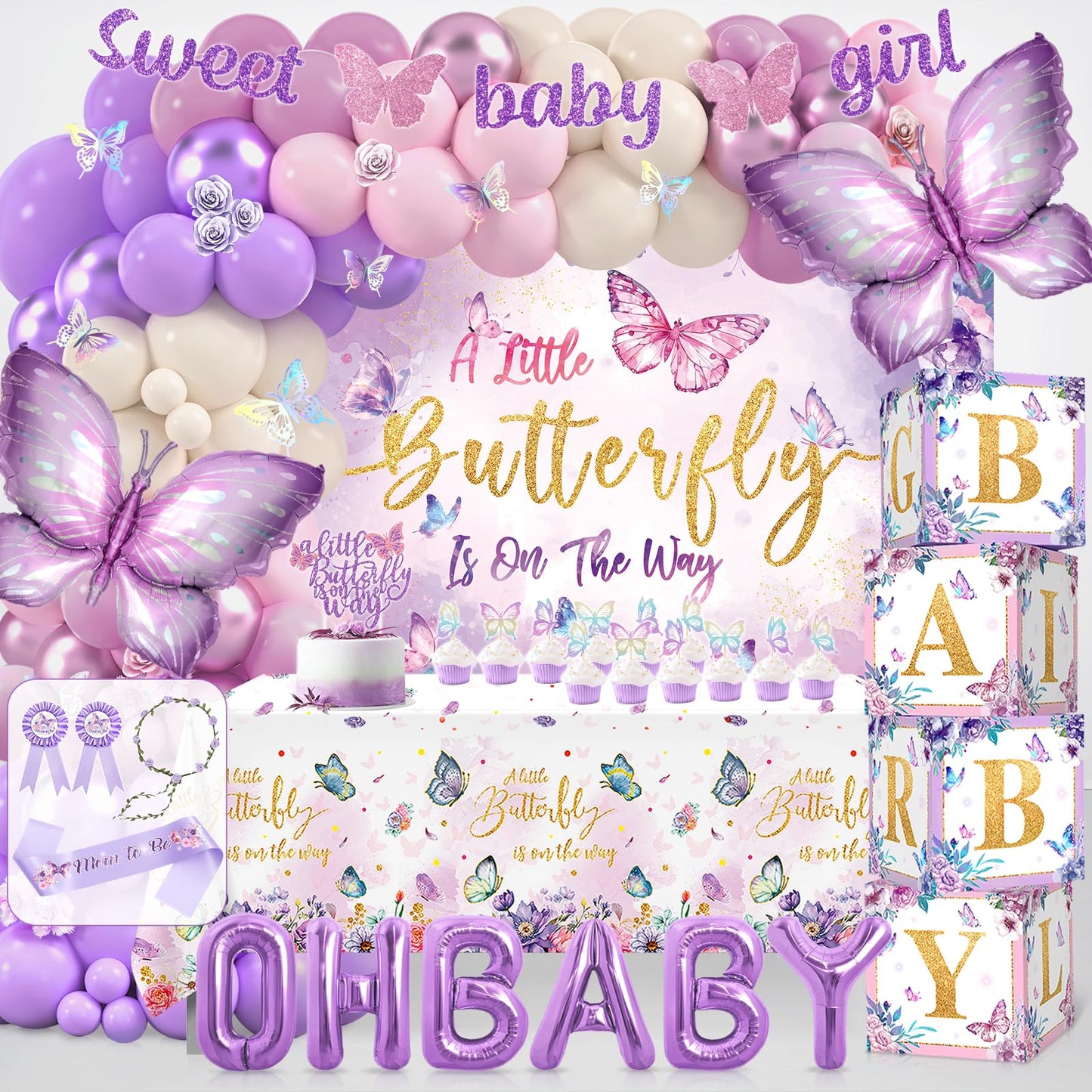 Butterfly Baby Shower Decorations, Baby Girl Shower Decorations A Little Butterfly Is On The Way Backdrop Sash Tablecloth Cake Toppers Stickers Pink Purple Balloons Baby Boxes Baby Shower Girl Decor