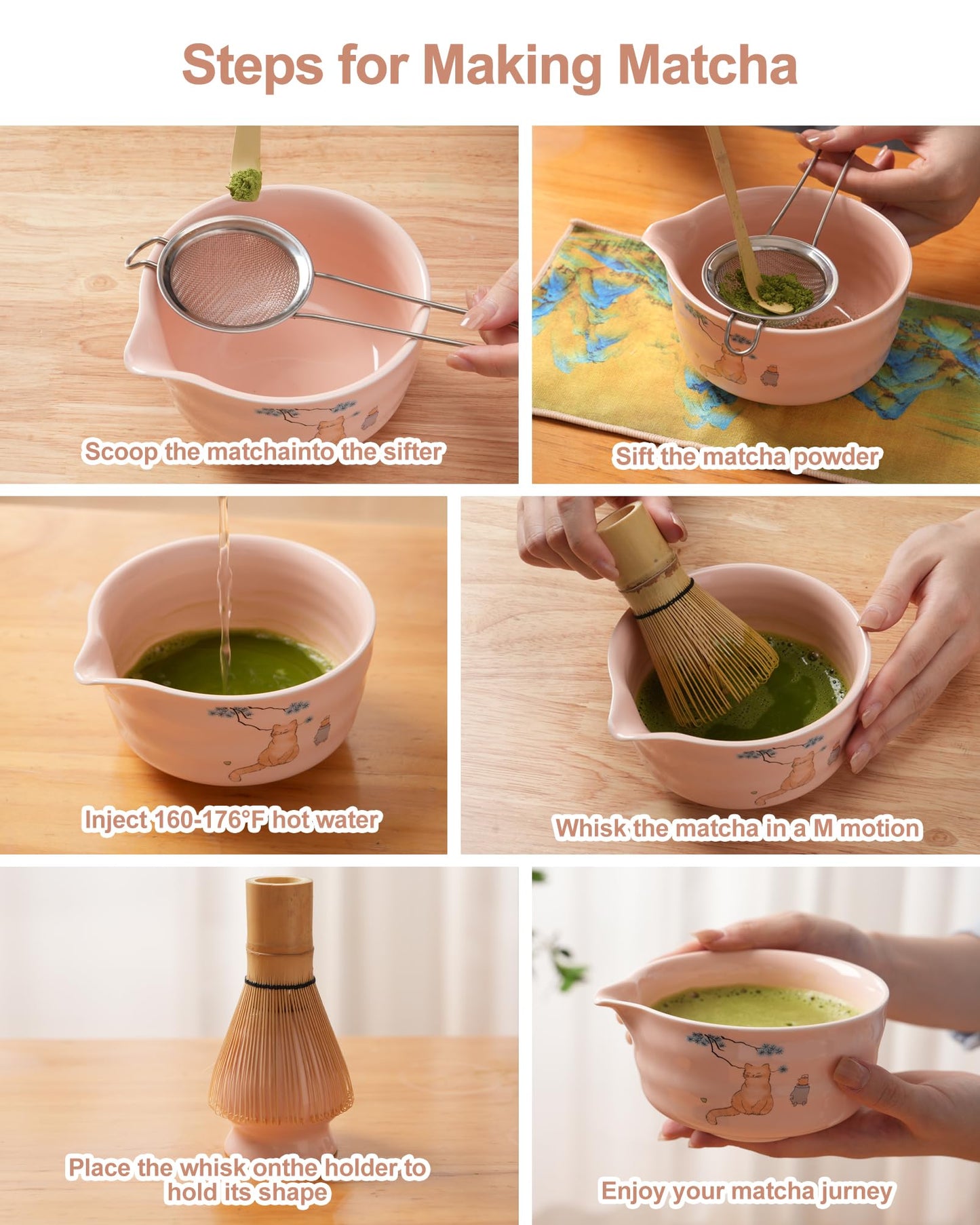 Matcha Whisk Set 7 Pcs Matcha Kit, Matcha Kit for Ceremony, Matcha Tea Set, Matcha Whisk and Ceramic Bowl with Matcha Scoop&Sifter, Used for Breakfast, Afternoon Matcha Tea (Pink)