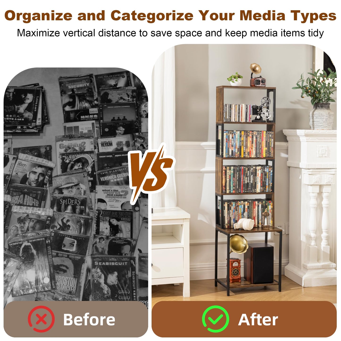 Aquzee CD Storage Rack, Wooden DVD Tower, CD Holder with Adjustable CDs Dividers, Media Storage Shelf for CDs/DVDs, Books, Video Games, Suitable for Living Room, Bedroom, Home Office