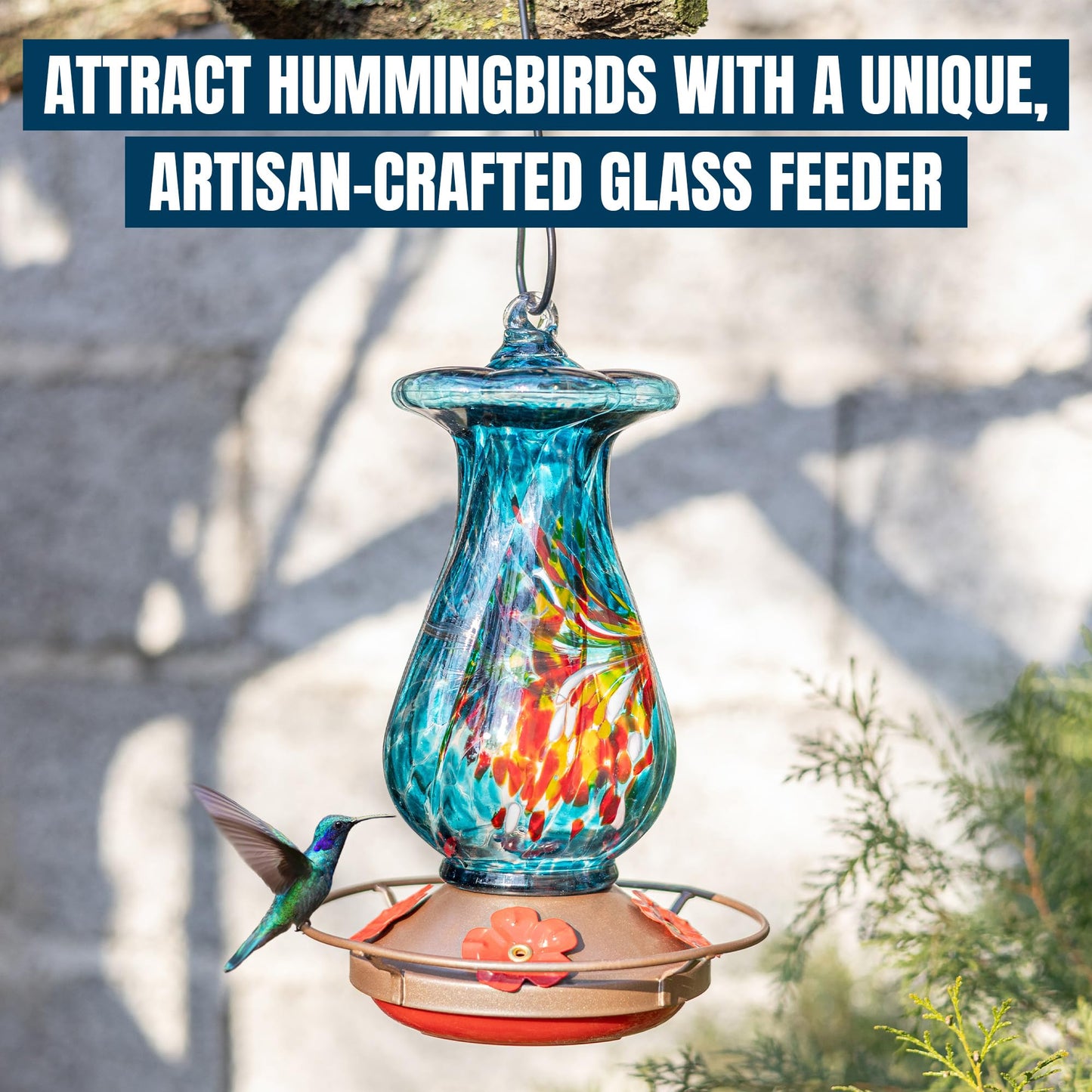 MEKKAPRO Glass Hummingbird Feeder, Hanging Hummingbird Feeders for Outdoors, 4 Feeding Ports, Glass Hummingbird Feeders for Outdoors Hanging, Includes S-Hook and Cleaning Brush (Flower, Sky Blue)