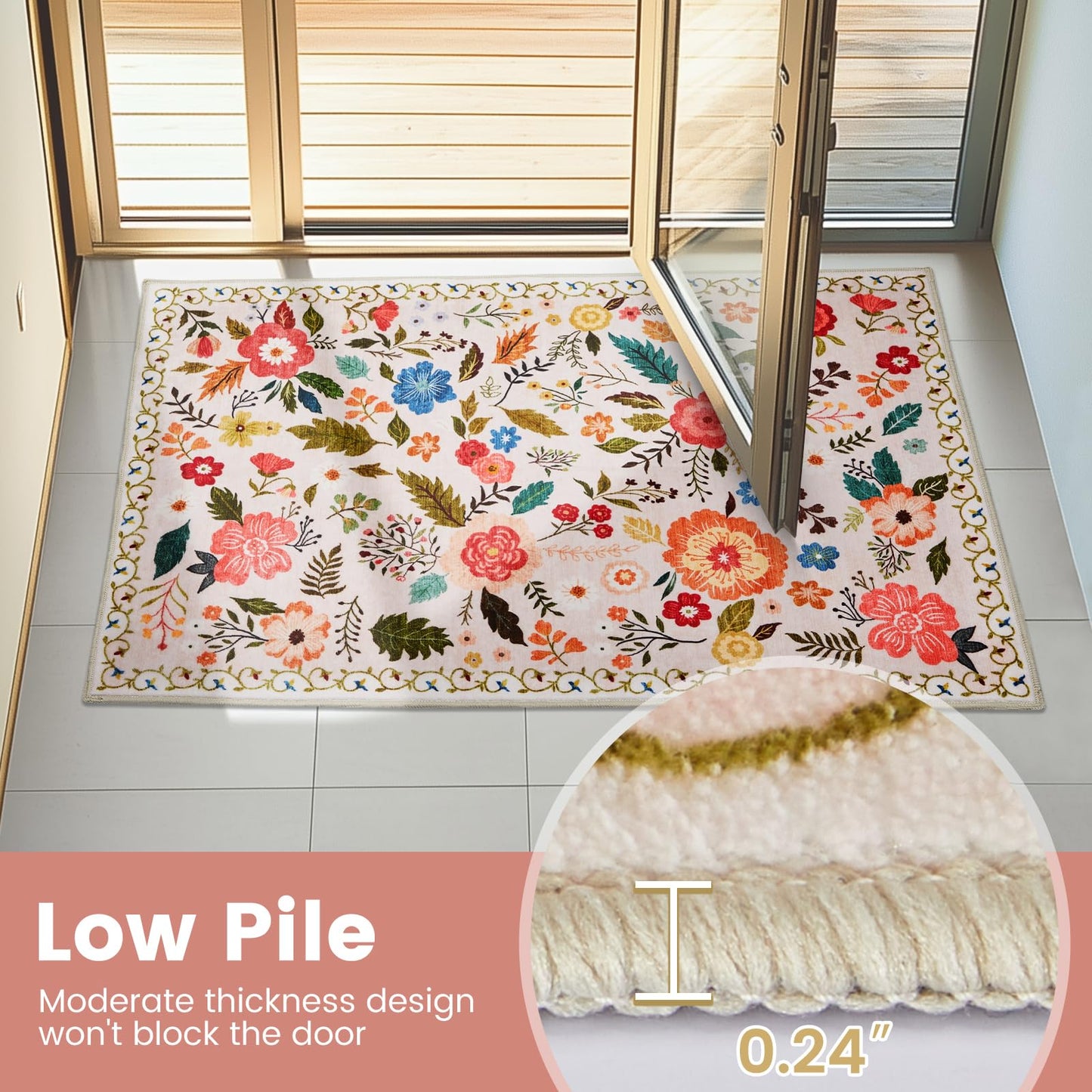 Area Rugs 5x7 for Living Room, Ultra Thin Floral Rug for Bedrooms Shag Non-Slip Soft Washable Indoor, Carpet Boho Low-Pile for Nursery, ‎Dining Room, Office, Farmhouse(Beige with Pink)
