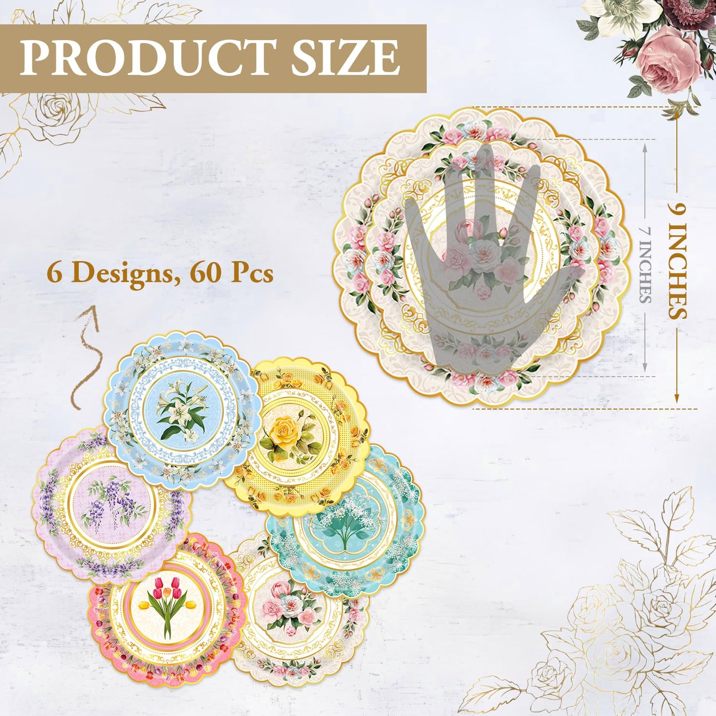 Oevbexos 60-Pack Floral Paper Plates, Tea Party Decorations, 9 Inch Disposable Floral Plates for Tea Party, Baby Shower, Bridal Shower, Birthday, Wedding and Any Celebration