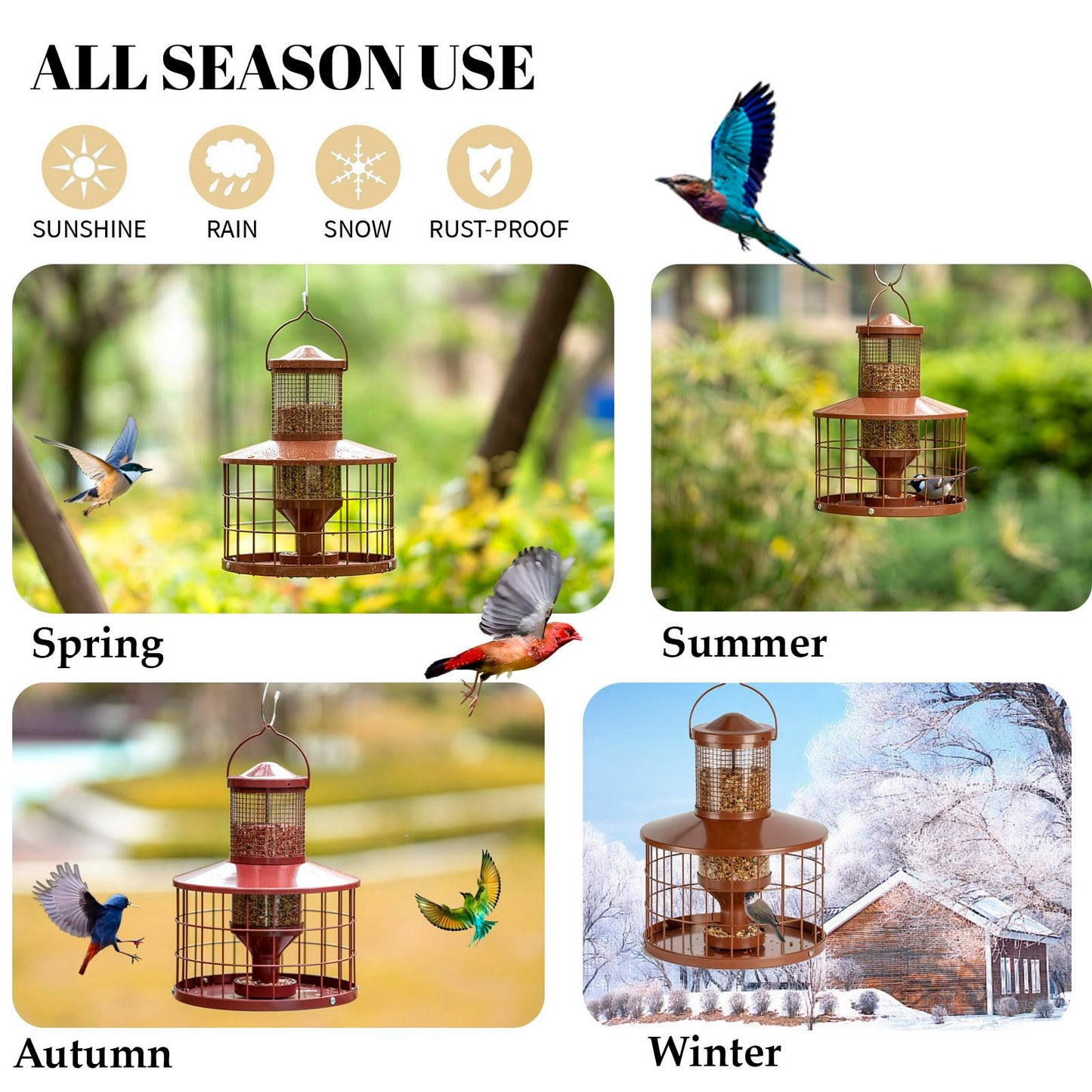 Caged Bird Feeders Squirrel-Proof, Metal, 2.8 Lbs Capacity-Cage Tube Seed Feeders with Tray Outdoor Hanging, Attract Birds,Detachable Cleaning, Starling Proof Wild Bird Feeder（Brown）