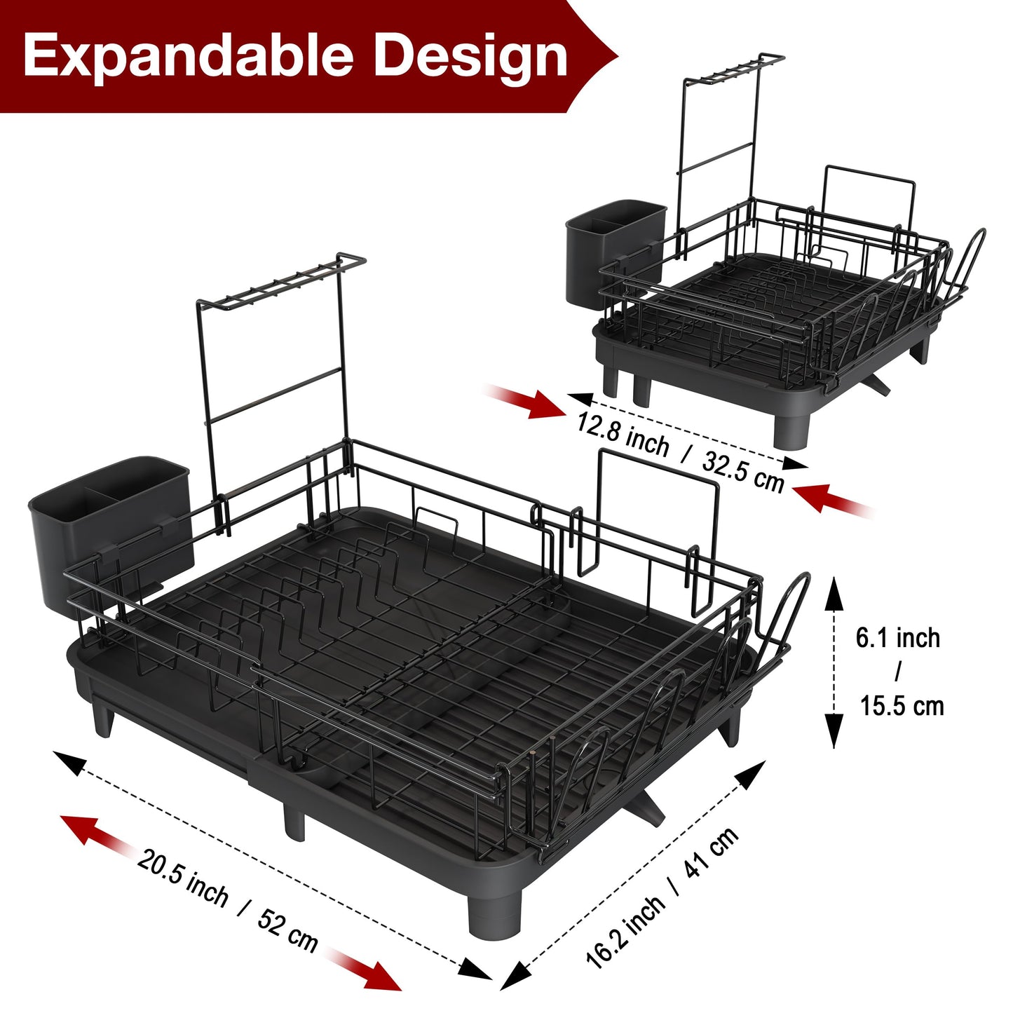 MAJALiS Extendable Dish Drying Rack - Dual Part Dish Racks with Drain Board, Adjustable Large Dish Drainer with Utensil Holder, Spatula Holder and Cutting Board Holder, X-Large 32.5-52 cm, Black