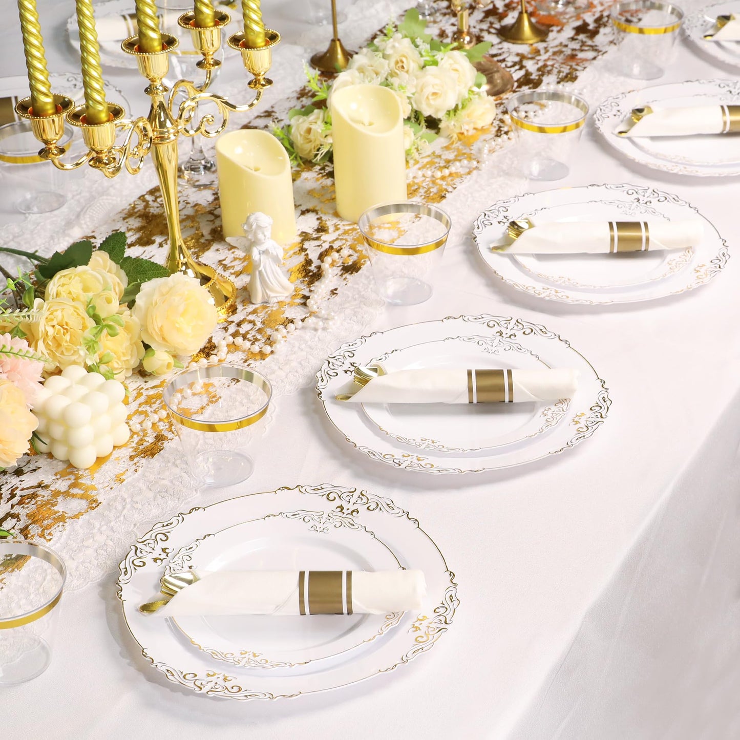 350 Piece Dinnerware Set for Wedding & Party,50 Guest RimPlastic Plates,50 Plastic Silverware,50 Cups,50 Linen Like Napkins (Gilding Gold)