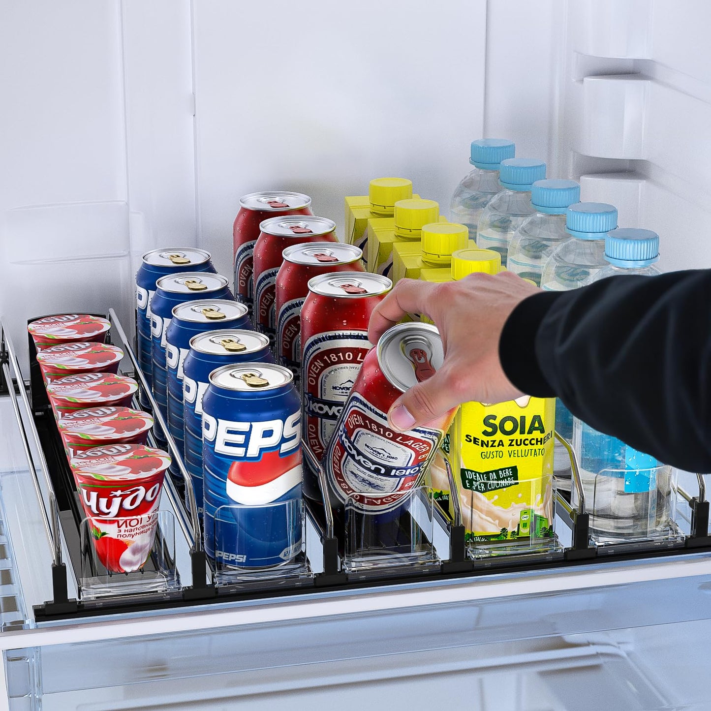 Soda Can Dispenser, Self-Pushing Drink Organizer, Width Adjustable Fridge Organization, Beer Pop Can Water Bottle Dispenser (15.1"D) White (5 Row, Black)