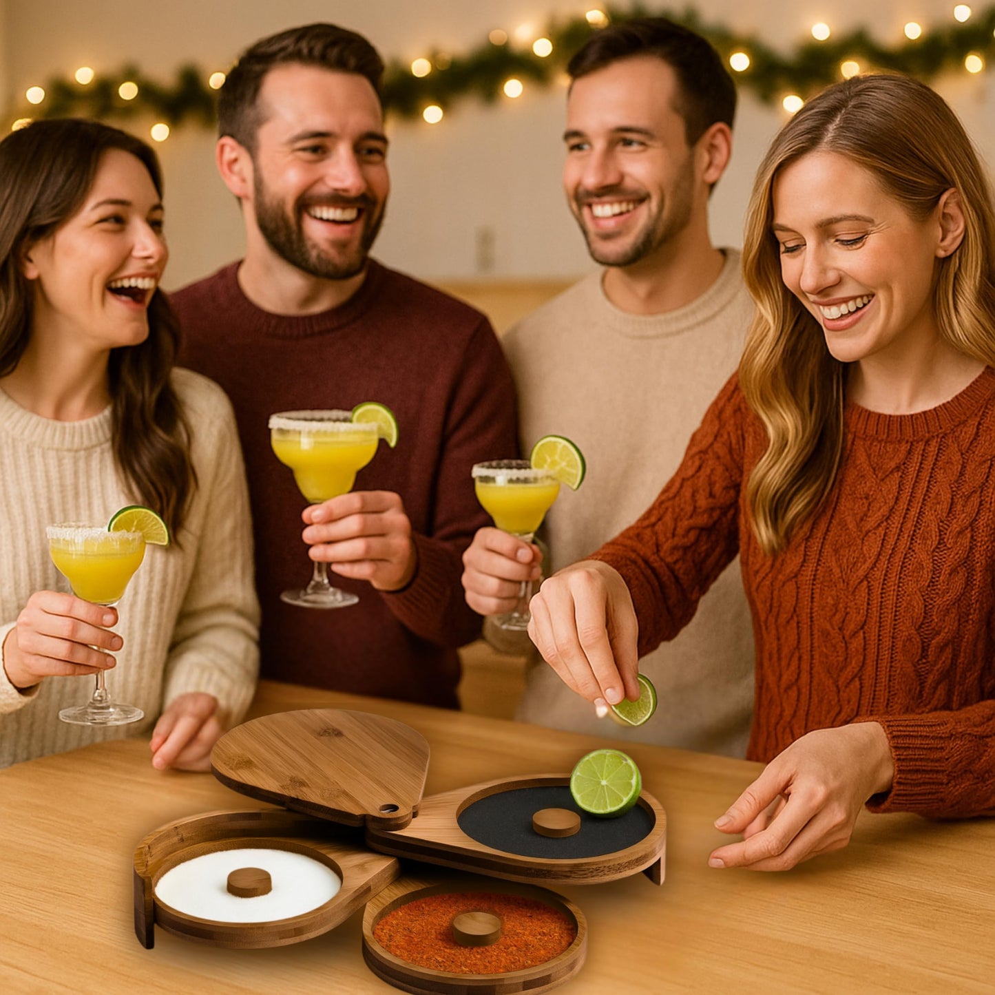 3-Tier Margarita Salt Wood Rimmer Tray Set – Brown Acacia Wood Cocktail Rimmer with Lid Includes 3 Sponges for Sugar Rimmer for Cocktails Rim Salt for Cocktails Margarita Gift Sets