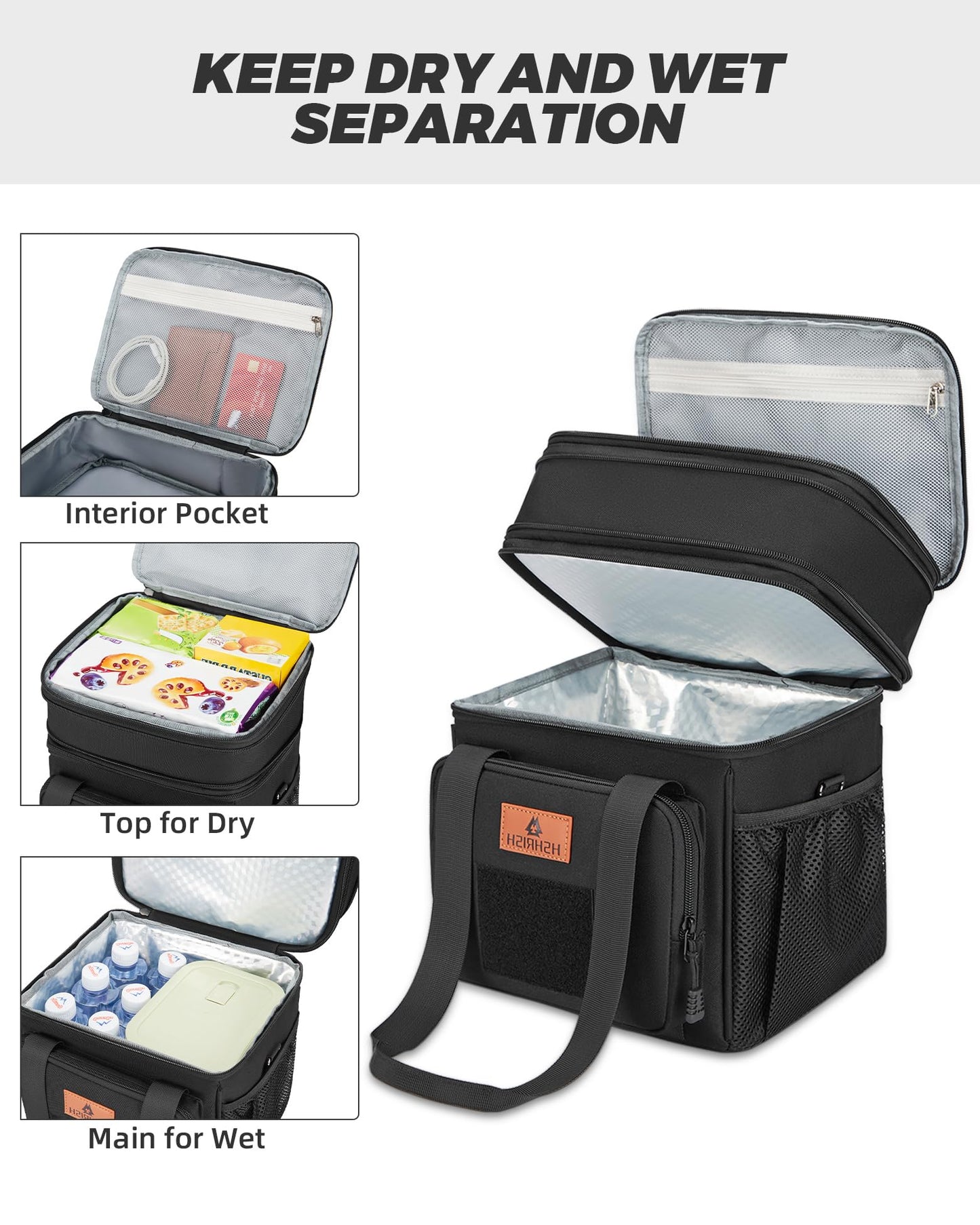 Double Deck Large Tactical Lunch Bag for Adults, Leakproof Insulated Lunch Bag with Shoulder Strap, Lunch Cooler Box for Men Work Outdoor Picnic Trips,Black