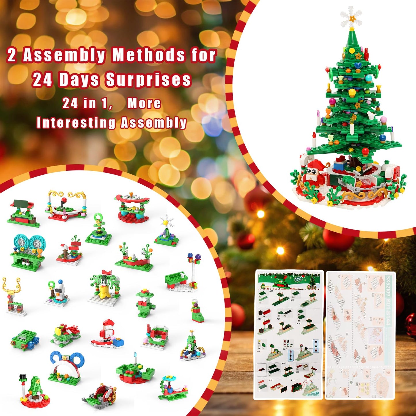 2025 Xmas Advent Calendar Building Blocks Toys 24-In-1 Christmas Tree Building Blocks 24 Days Surprise Christmas Countdown Calendar Buildings Block Toys for Christmas Gifts