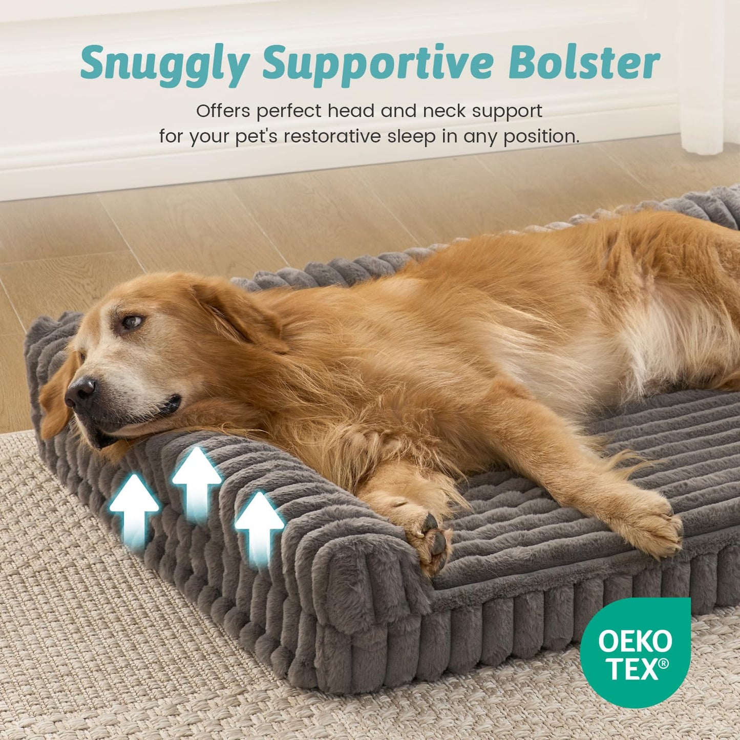 COZY KISS Cute Dog Bed, Faux Fur Orthopedic Foam Dog Bed with Sides, Removable Washable Cover & Waterproof Lining, Comfortable Pet Couch for Extra Large Dogs, Grey (48" L x 35" W x 7.5" Th)