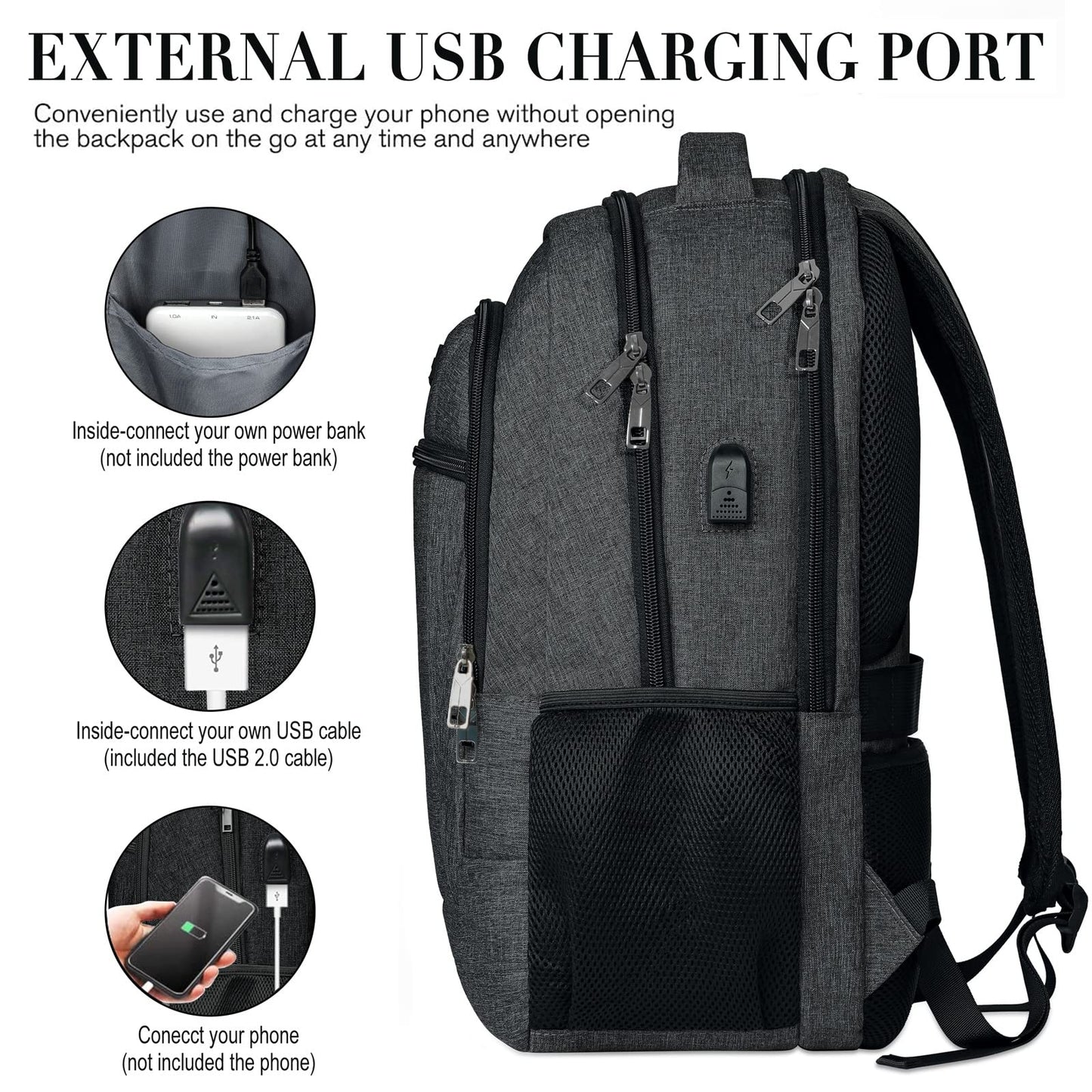 Backpack for Men and Women, School Backpacks for Teen Boys and Girls, Black Water Resistant Back Pack, Business Men Sturdy Computer Bag with USB Charging Port, Gifts