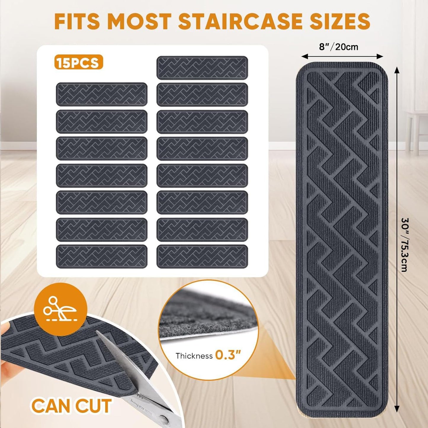 Stair Treads Non Slip, 15 Pack 8 "X 30" Stair Runners for Wooden Steps, Stairs Carpet Strips, Carpet Stair Treads Made of Polyester and Reusable Adhesive, for Kids, Elders and Dogs (Gray)