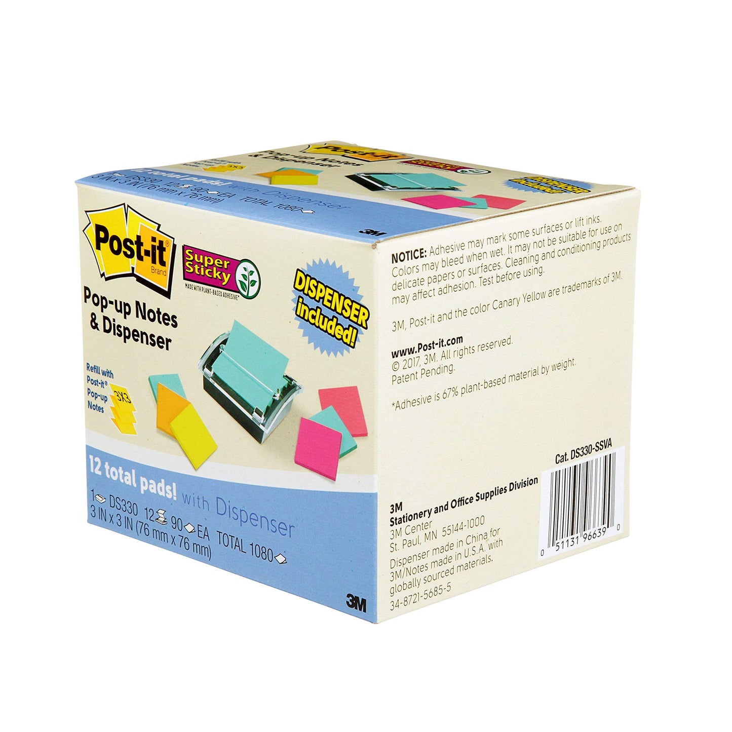 Post-It Notes Dispenser for 3" x 3" Sticky Notes, Includes 12 Pads Super Sticky Notes