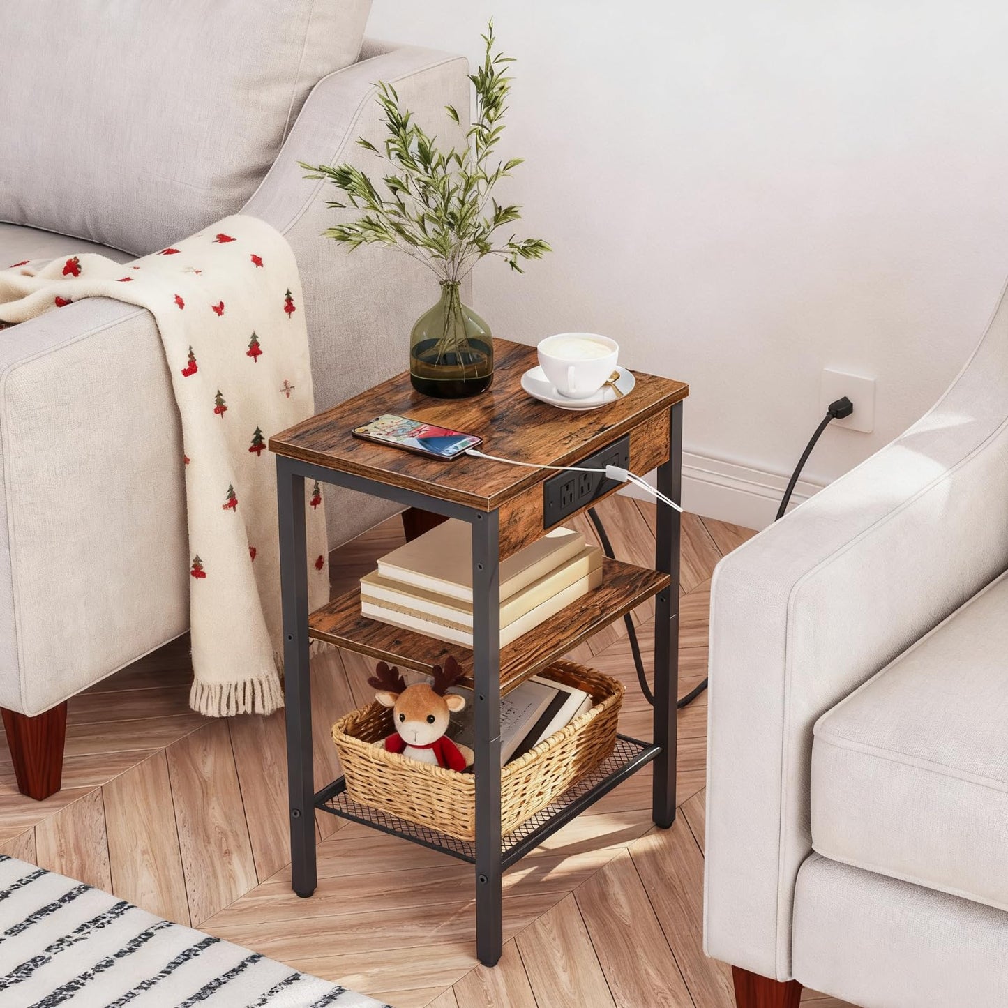 HOOBRO End Table with Charging Station and USB Ports, 3-Tier Nightstand with Adjustable Shelf, Narrow Side Table for Small Space in Living Room, Bedroom and Balcony, Rustic Brown BF112BZ01