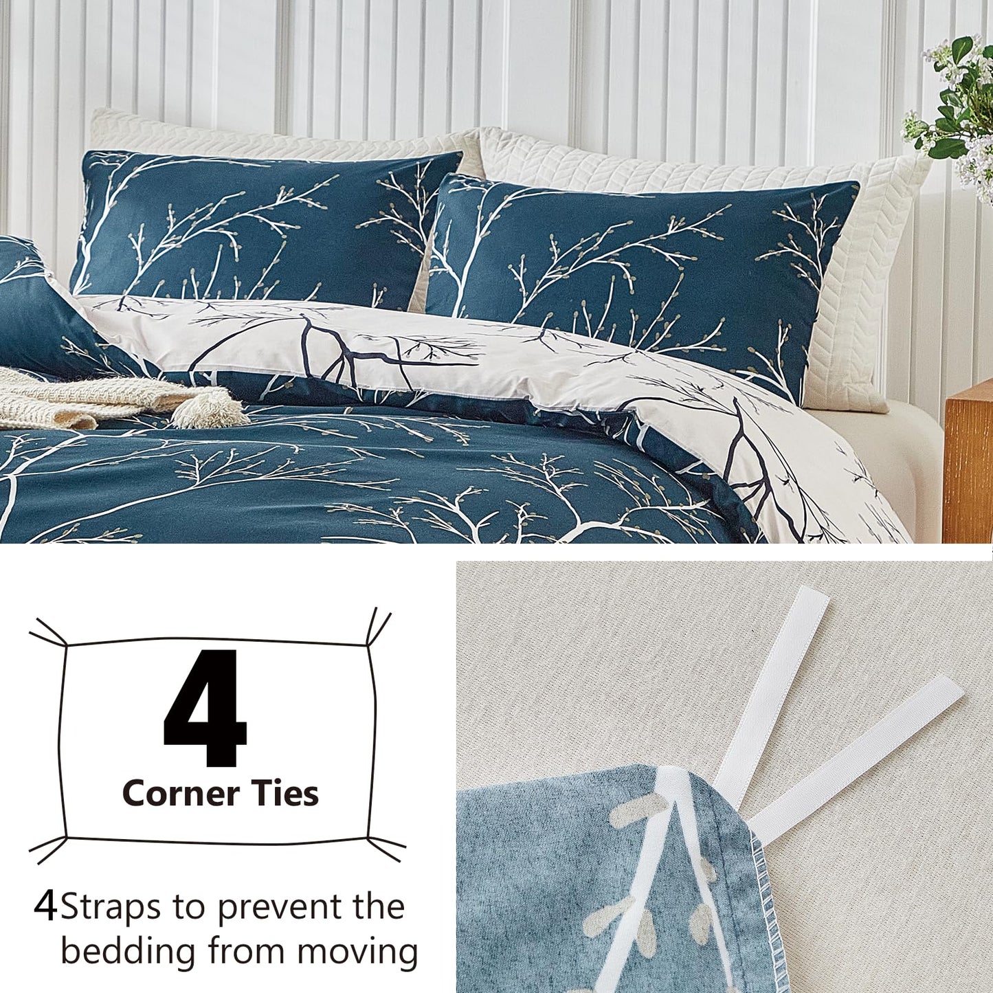 Duvet Cover King, Ultra Soft Microfiber Bed Set, Tree Branches Pattern Bed Sets, 3 Piece Breathable King Duvet Cover Set with Zipper Closure, Corner Ties, (104x90 Inch, Blue)