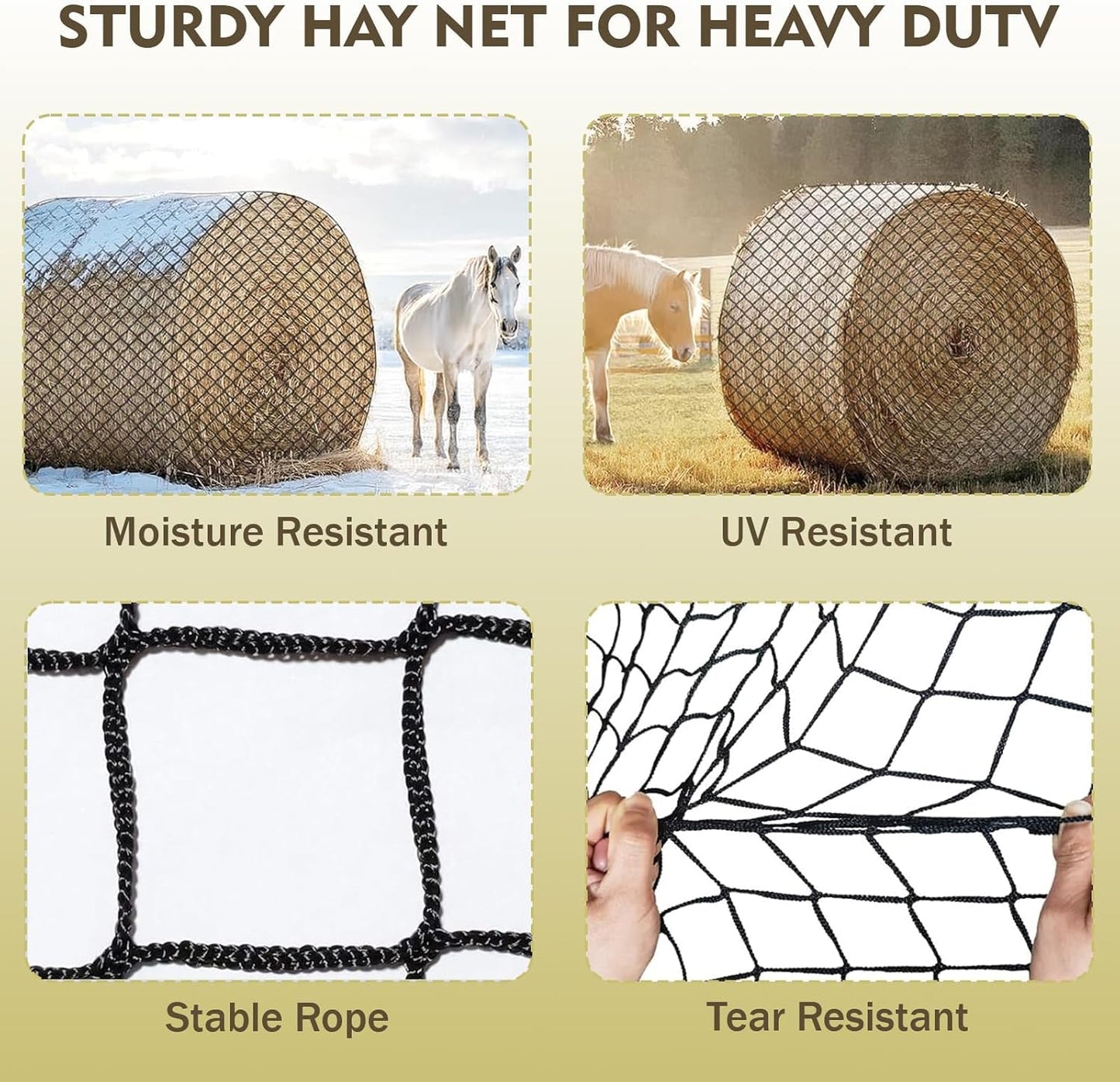 ASRJKIE 6x6ft Round Bale Hay Net for Horses, Round Bale Feeder with Hay Net Repair Tool for Livestock, Slower Feed Hay Net for Farm Countryside, Cow, Goats