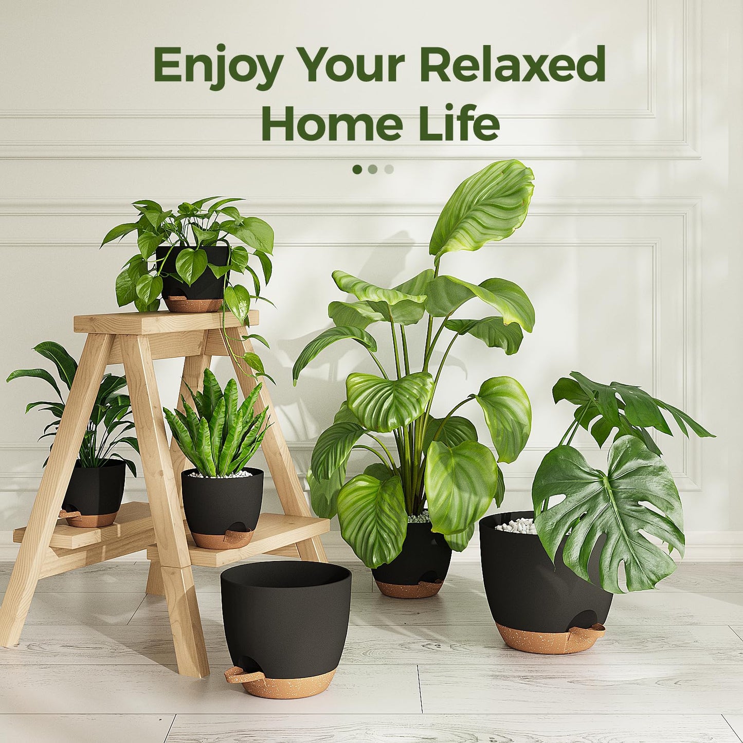 Bamworld 6 Pack Indoor Plant Pots Shelf Watering Planters for Indoor Plants with Drainage Hole Plastic Plant Pot for Home Gardening Containers(Black)