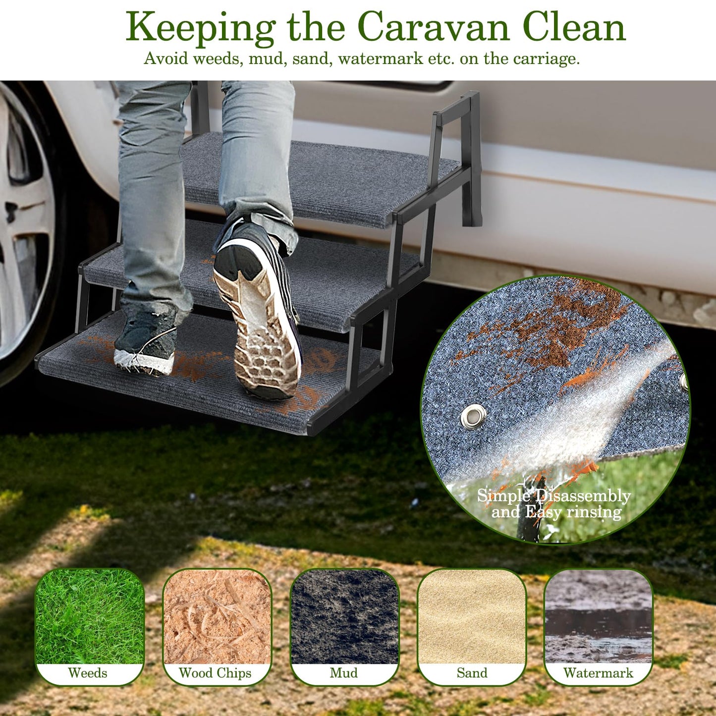 HOMEE 3 Packs RV Step Covers with Install Hook, Camper Step Covers 23 Inch Wide RV Step Rugs, Non-Slip Outdoor RV Stair Covers Fit 8" to 11" RV Stair Treads