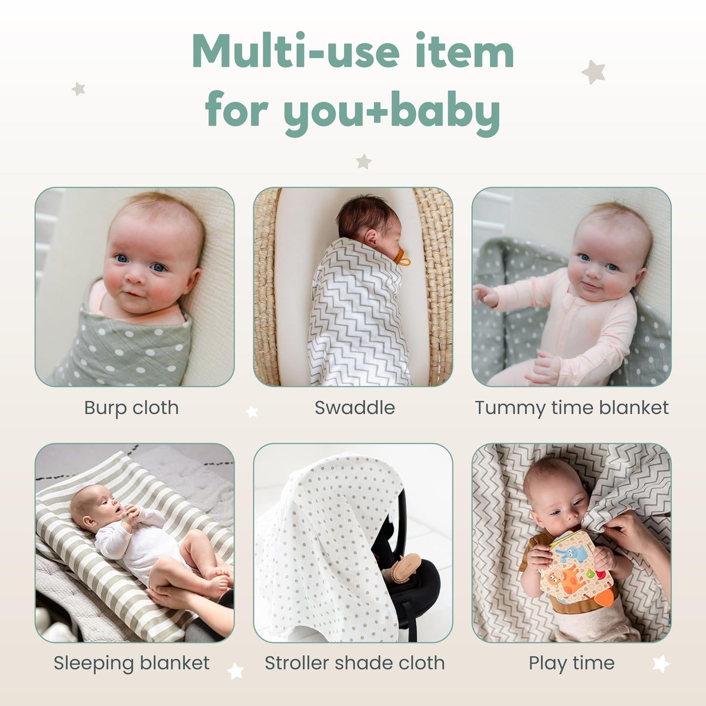 CuddleBug Muslin Swaddle Blankets 4Pack - 47x47inch Soft, Lightweight & Breathable Cotton Ideal for Swaddling Newborn Babies - Spots N' Stripes
