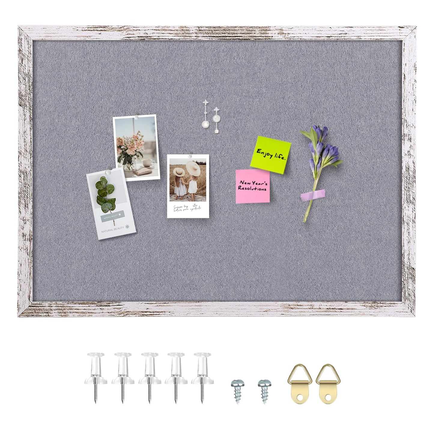 Aitakatta Gray Felt Cork Board Bulletin Board, Decorative Hanging Cork Boards for Walls with White Rustic Wood Frame, Pin Board Vision Board for Office Home and School with Pins, Screws (6090,WH,1pc)
