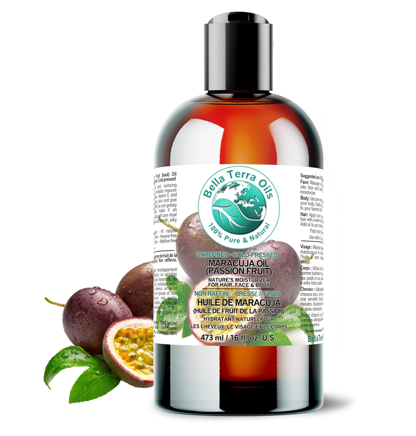 Bella Terra Oils Pure Cold‑Pressed Maracuja Oil, 473 mL (16 fl oz) – Lightweight & Non‑Greasy for Lustrous Hair & Radiant Skin