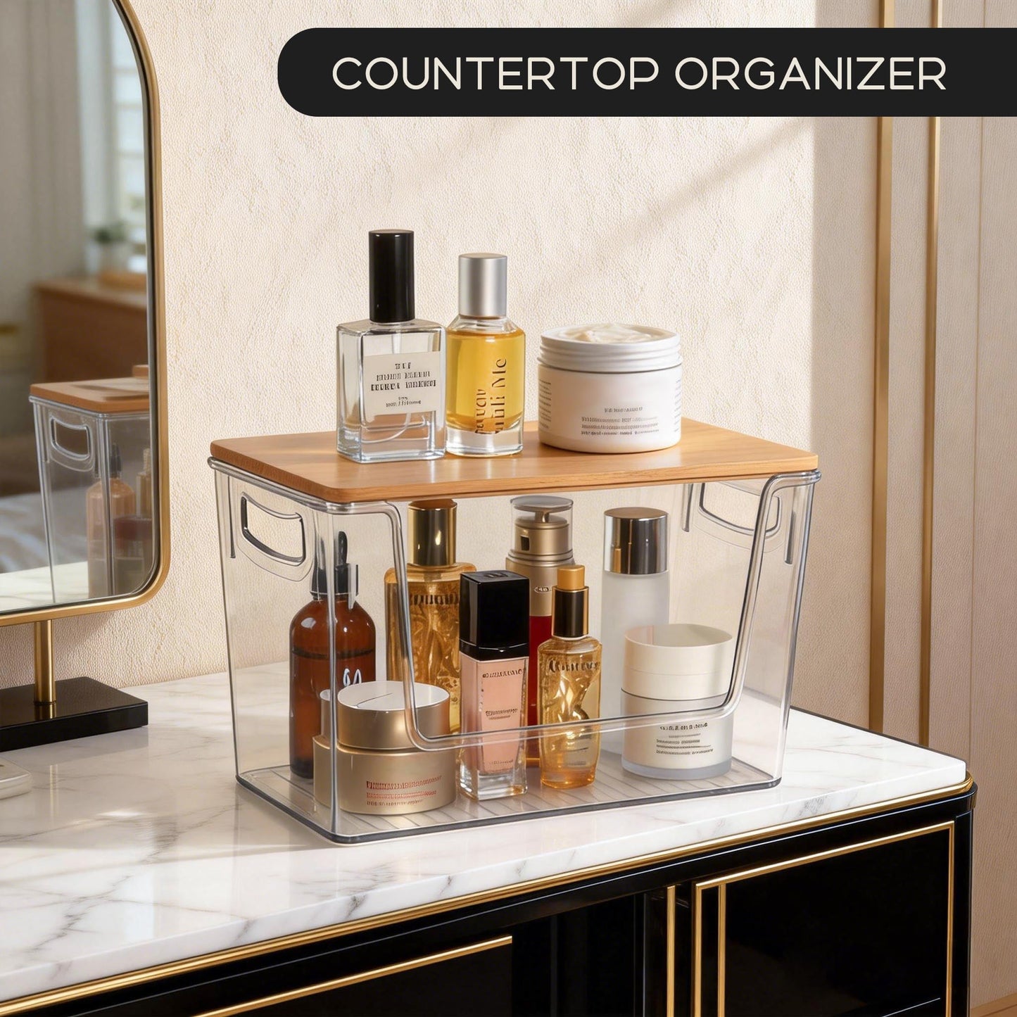 Pantry Organizers Storage, 2 Pack Large Capacity Clear Storage Bins with Bamboo Lids for Onion, Potato, Garlic, Canned Food, Under Sink Organizer Kitchen Countertop Organizer