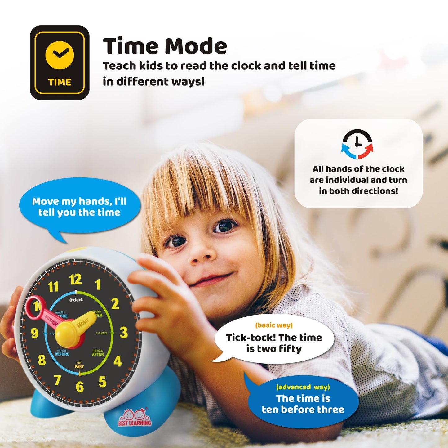 BEST LEARNING Learning Clock - Educational Talking Learn to Tell Time Light-Up Toy with Quiz and Sleep Mode Lullaby Music for Toddlers & Kids Ages 3 to 6 Years Old