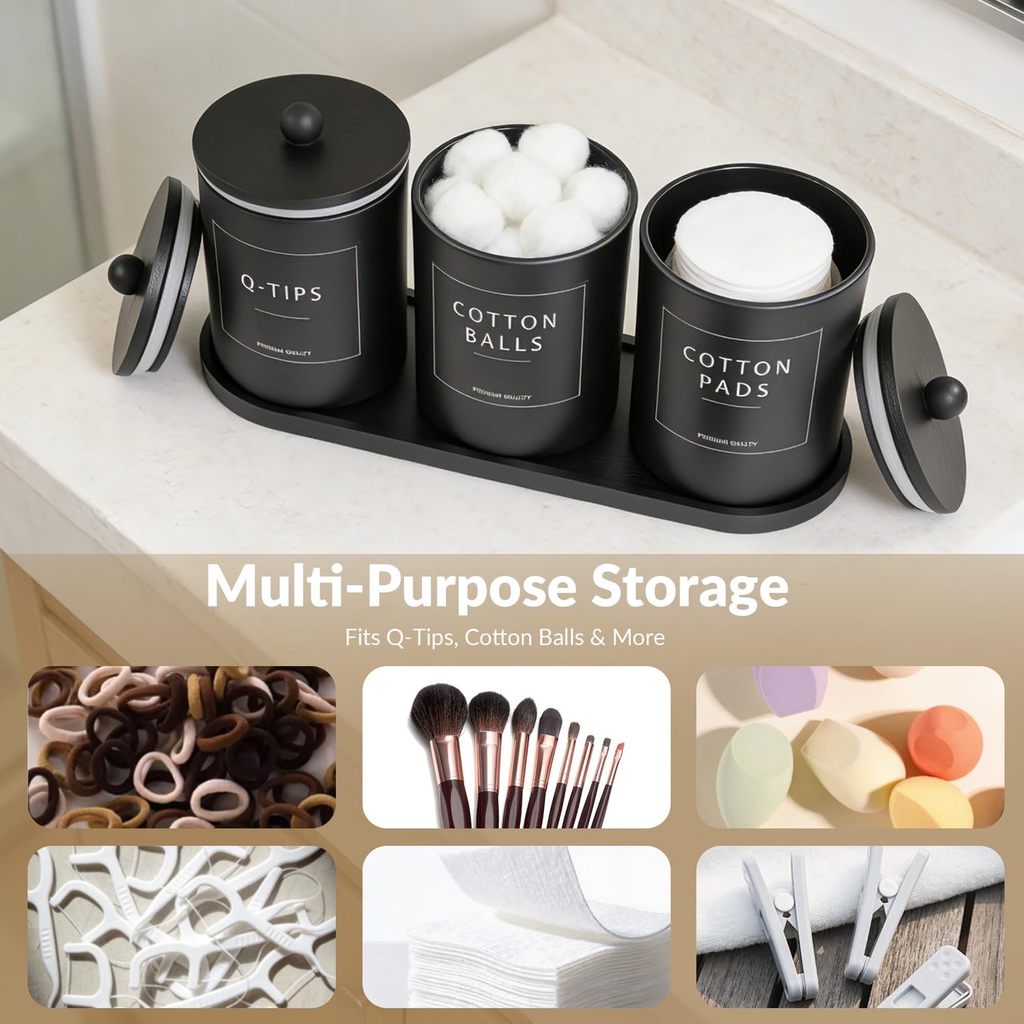 3 Pack Qtip Holder Dispenser - Glass Apothecary Jars with Bamboo Lids, Cotton Ball Pad Swab Round Holder, Floss Pick Containers, Bathroom Organizers with Tray & 14 Labels - Matte Black