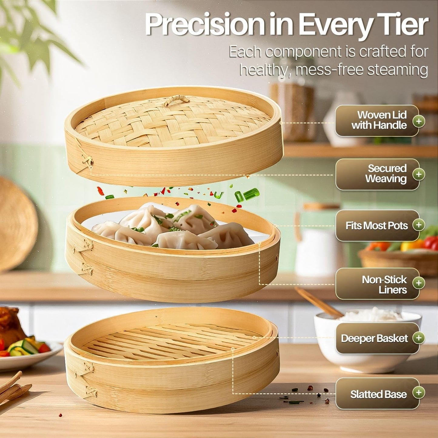 Flexzion Bamboo Steamer Basket Set (10 inch), 50 x Steamer Liners and 2 Pairs of Chopsticks, Steam Baskets for DimSum Dumplings, Rice, Vegetables, Fish and Meat