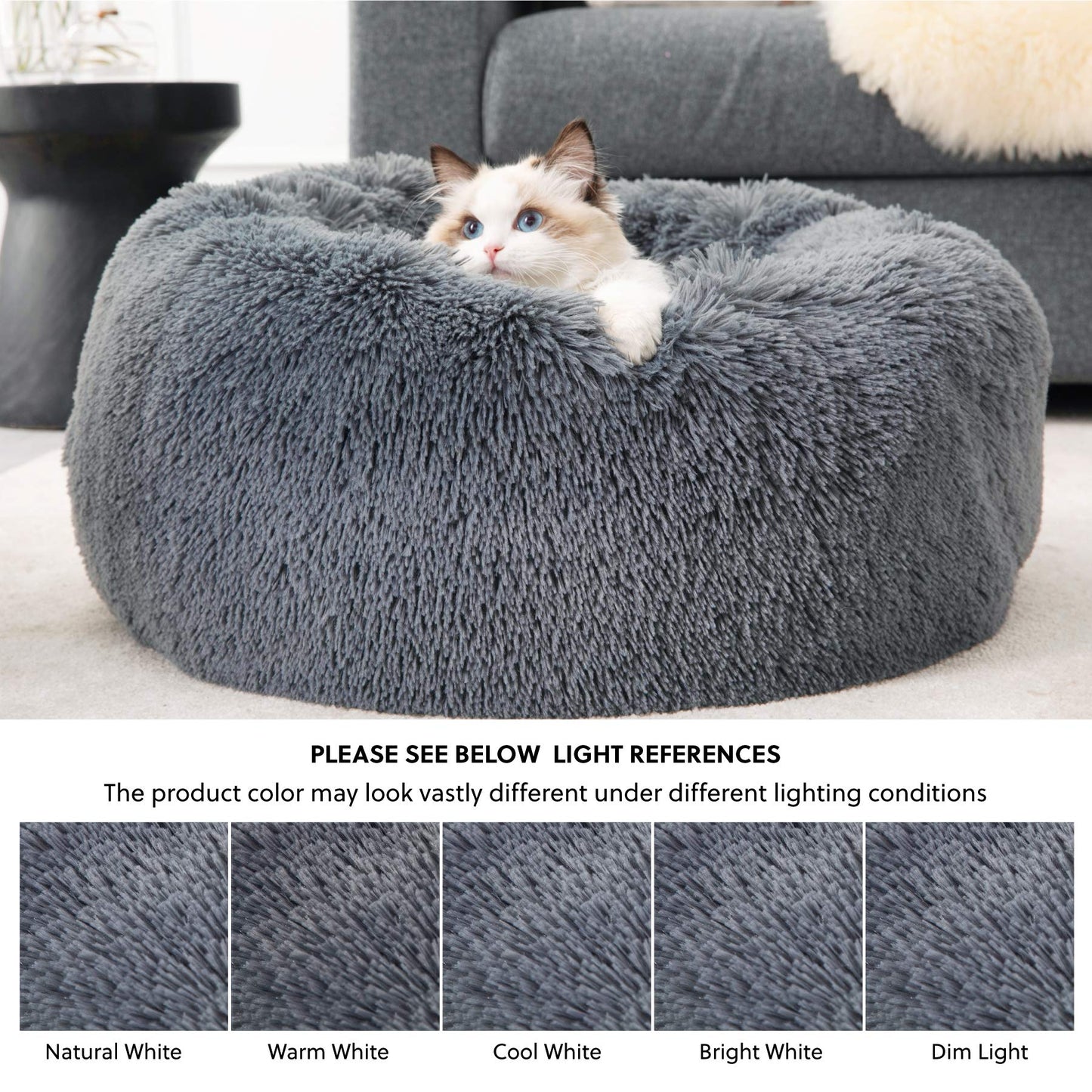 Bedsure Small Dog Bed Washable - Self Calming Dog Beds - 23 inches Fluffy Donut Cuddler for Small Deep Sleep Cat up to 25lbs - Indoor Round Dog Bed – Grey