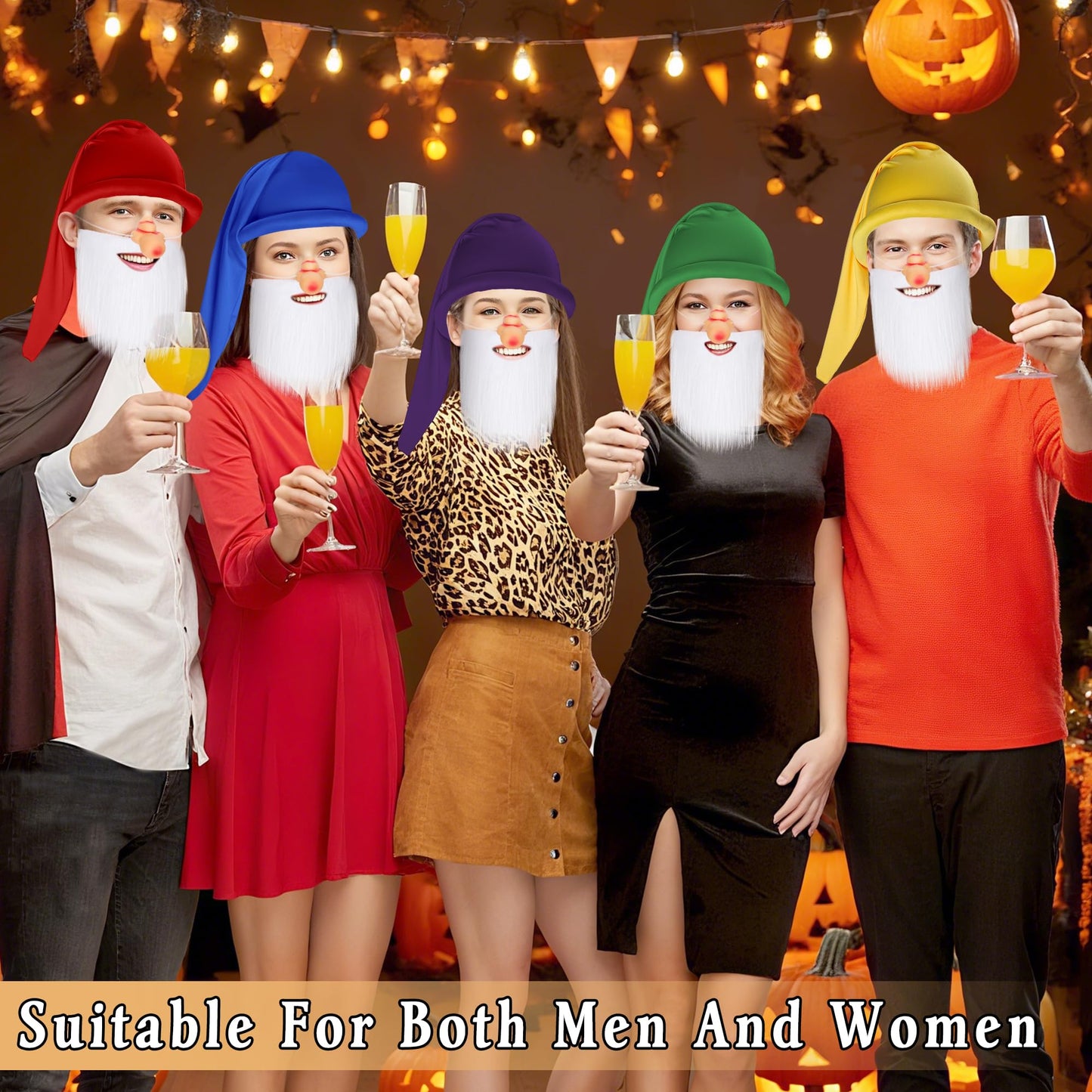 21Pcs Halloween Dwarf Costume Accessories, Colorful Dwarf Hats Set with Large Nose and White Beard,Christmas Cosplay Party