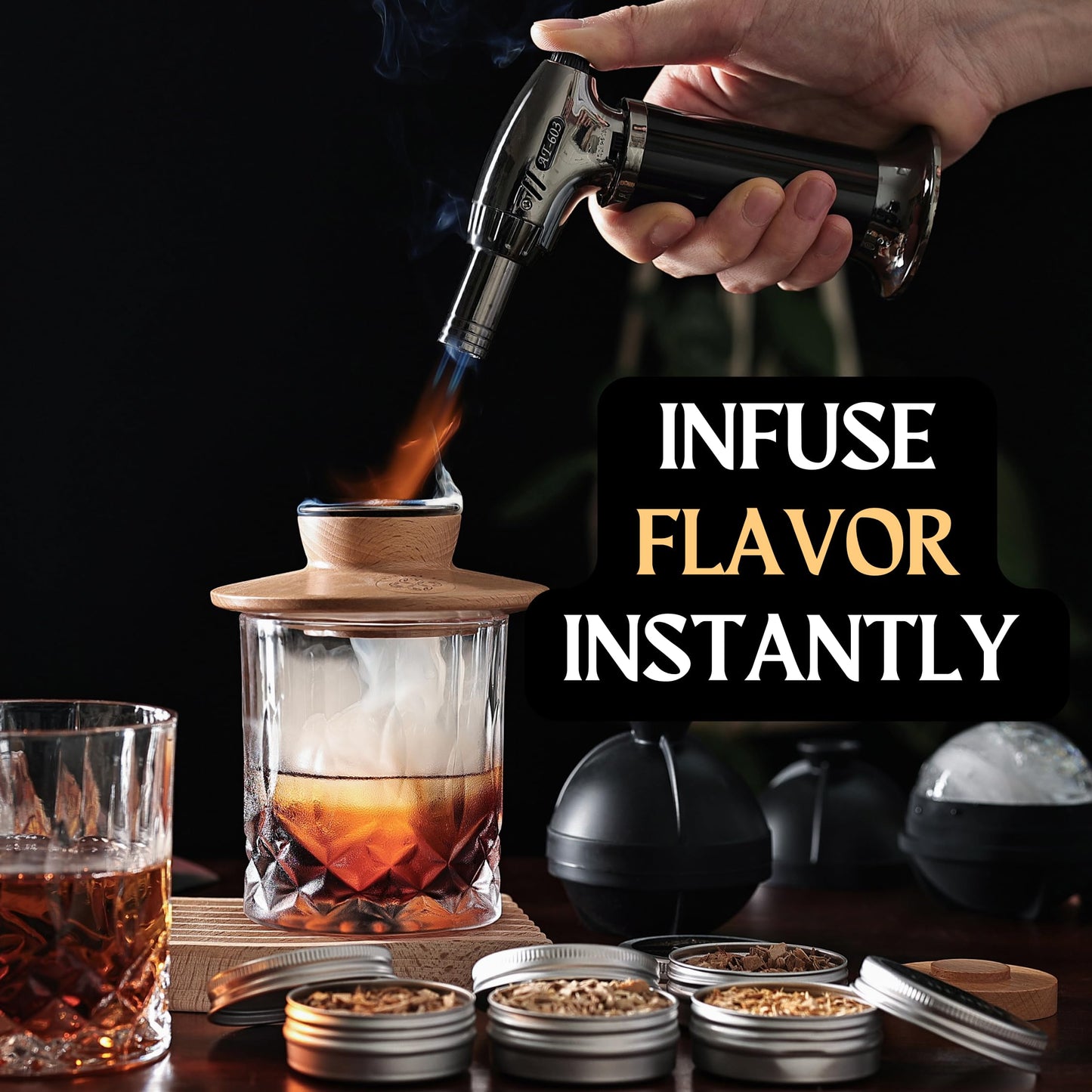 Whiskey Smoker Kit - Cocktail Smoker with Torch, 2 Ice Ball Makers, 6 Flavors Wood Chips, 2 Custom Burn Guard Filters - Old Fashioned Smoker Kit - Drink Smoke Infuser - Fumoir a Whisky