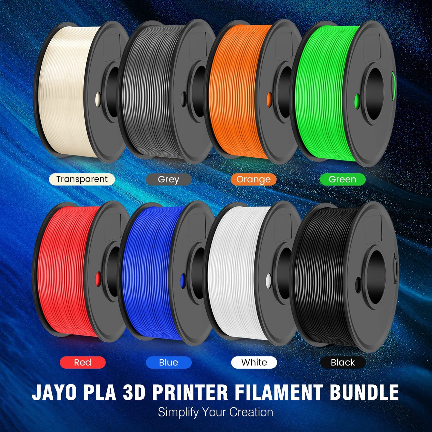 3D Printer Filament Bundle Multicolor, JAYO PLA Filament 1.75mm, Neatly Wound Filament 2kg, 250g Spool, 8 Pack, Black+White+Grey+Transparent+Blue+Red+Orange+Green