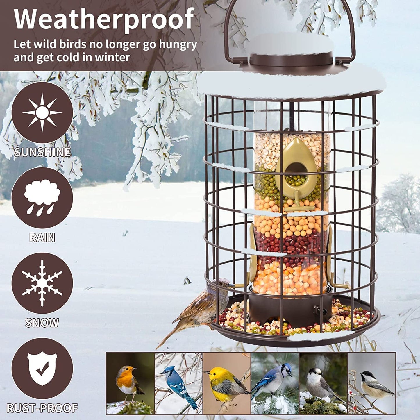 Caged Bird Feeders Metal - 3 Lbs - Squirrel-Proof Wild Bird Tube Feeder Hanging Outside, Detachable Cleaning, 4 Feed Ports(Copper)