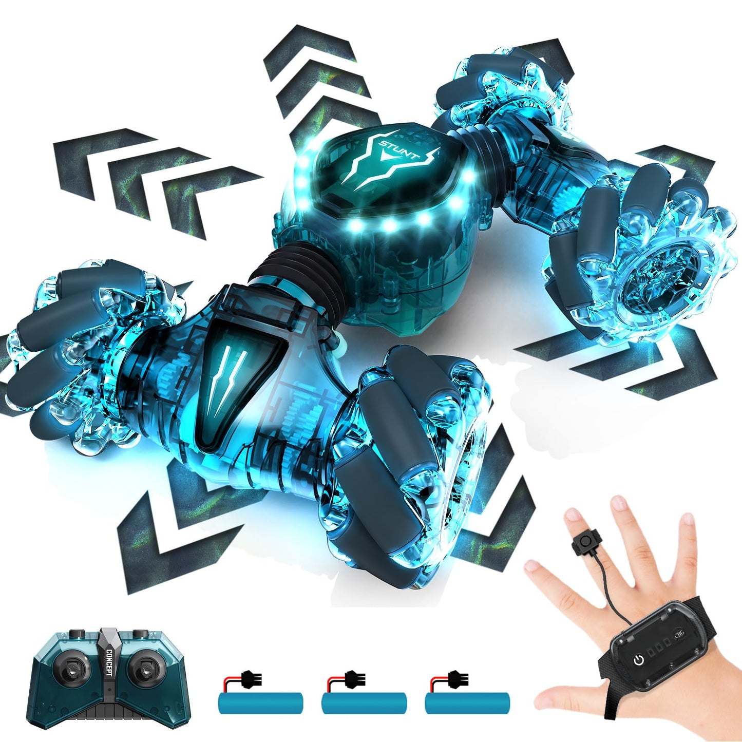 Tecnock Remote Control Car RC Cars for Boys Girls, 2.4GHz 4WD Gesture Sensing RC Stunt Car Toys - 360° Rotating Double Sided Hand Controlled RC Car with Lights, Gifts for Kids, Dark Green