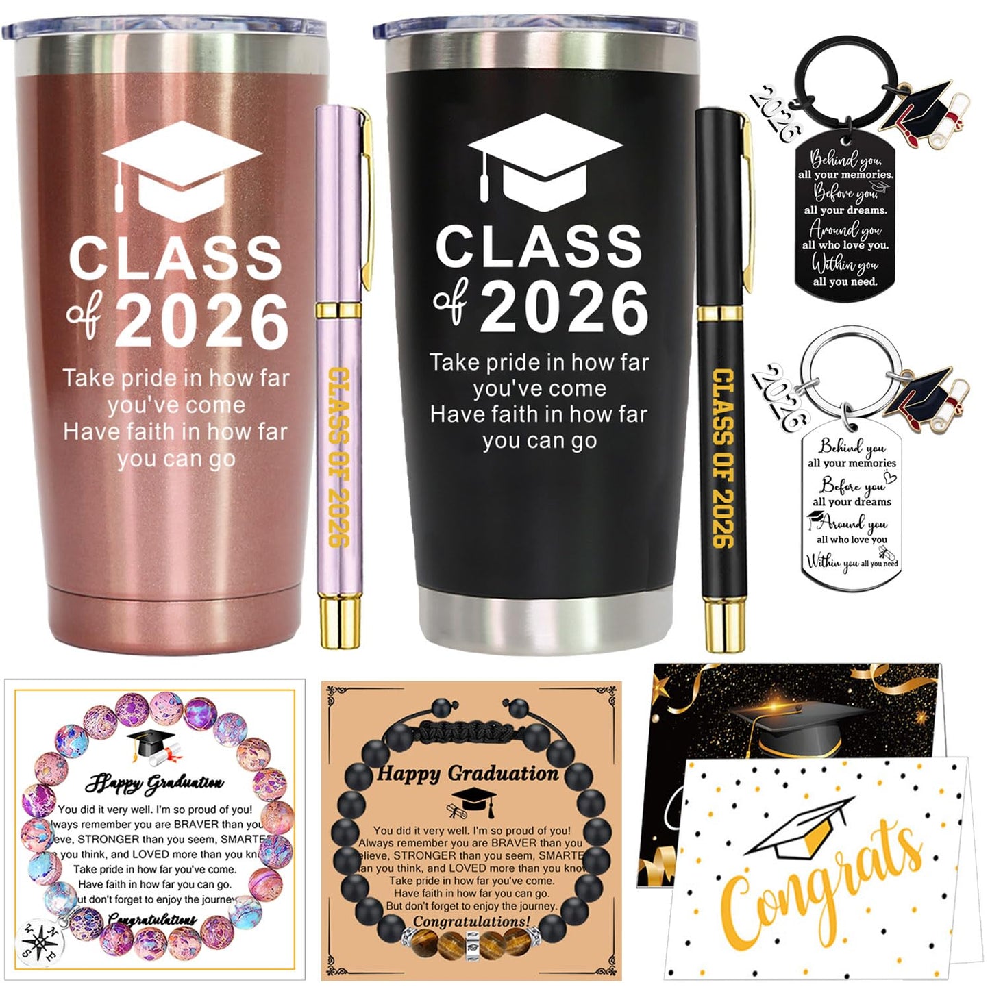 2 Pack Graduation Gifts, Class of 2026 Graduation Travel Tumbler, Inspirational 2026 Grad Gifts for Him Her High School Colleage Students Daughter Son Friends Master Gifts(Rose Gold & Black)