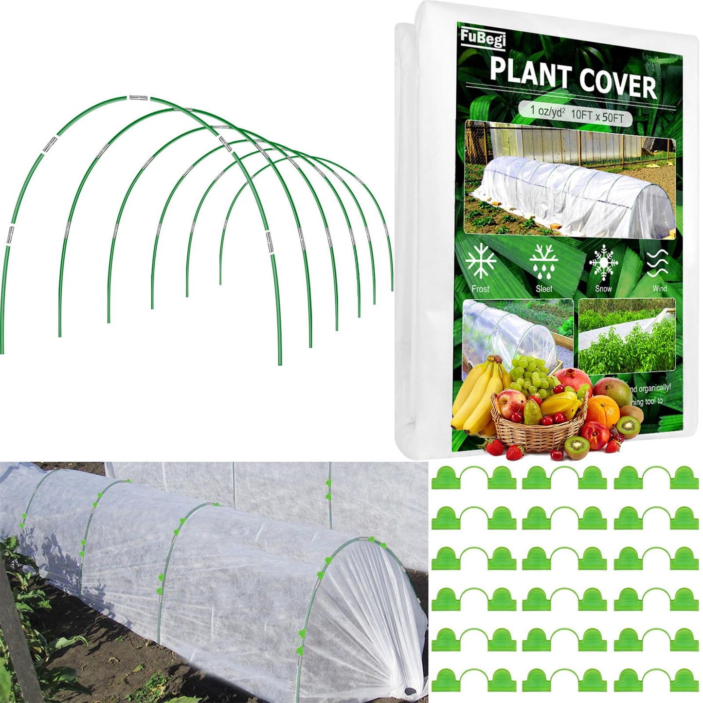 3x15M Plant Cover Freeze Protection Garden Hoops Kit for Winter, Fabric Floating Row Cover Frost Cloth Outdoor Plant Blanket for Frost Snow Protection, Greenhouse Garden Tunnel Hoops for Raised Beds