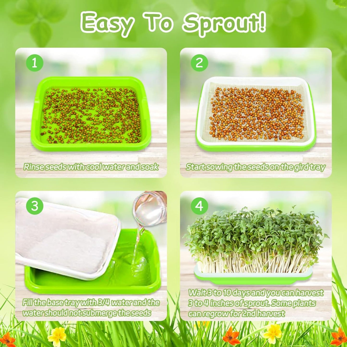 Legigo 10 Pack Green Seed Sprouter Trays- Soil-Free Cultivation Germination Tray, BPA Free Nursery Tray with Planting Paper for Indoors or Outdoors Sprouting Seeds, Grow Grass, Beans