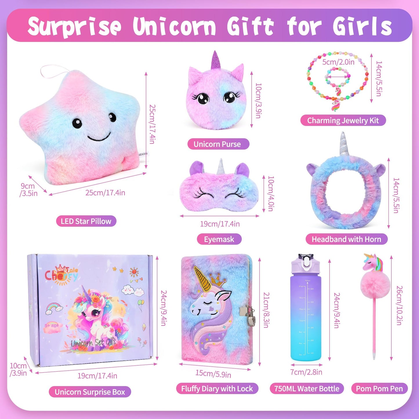 Cherry Tale Unicorn Gifts for Girls Age 6-8, Kids Unicorn Toys Set with Light Up Star Pillow Diary Headband Eye Mask Christmas Birthday Gifts for Girls Age 4 5 6 7 8 9 10