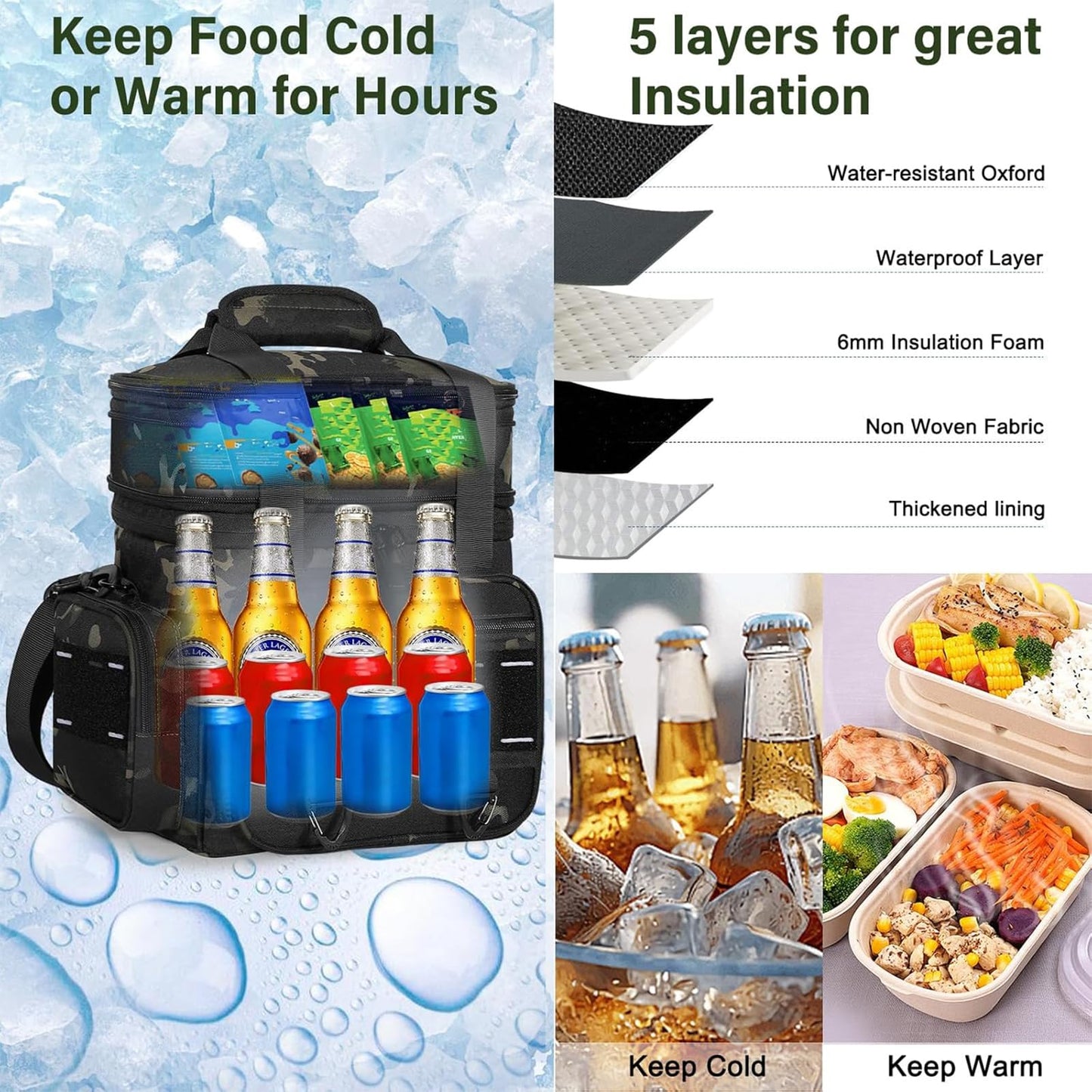 Expandable Tactical Lunch Box, XLarge Insulated Lunch Cooler Bag Heavy Duty Leakproof Lunch Pail for Men Adults Work Office Outdoor Picnic Trips,25L,Black-Camo