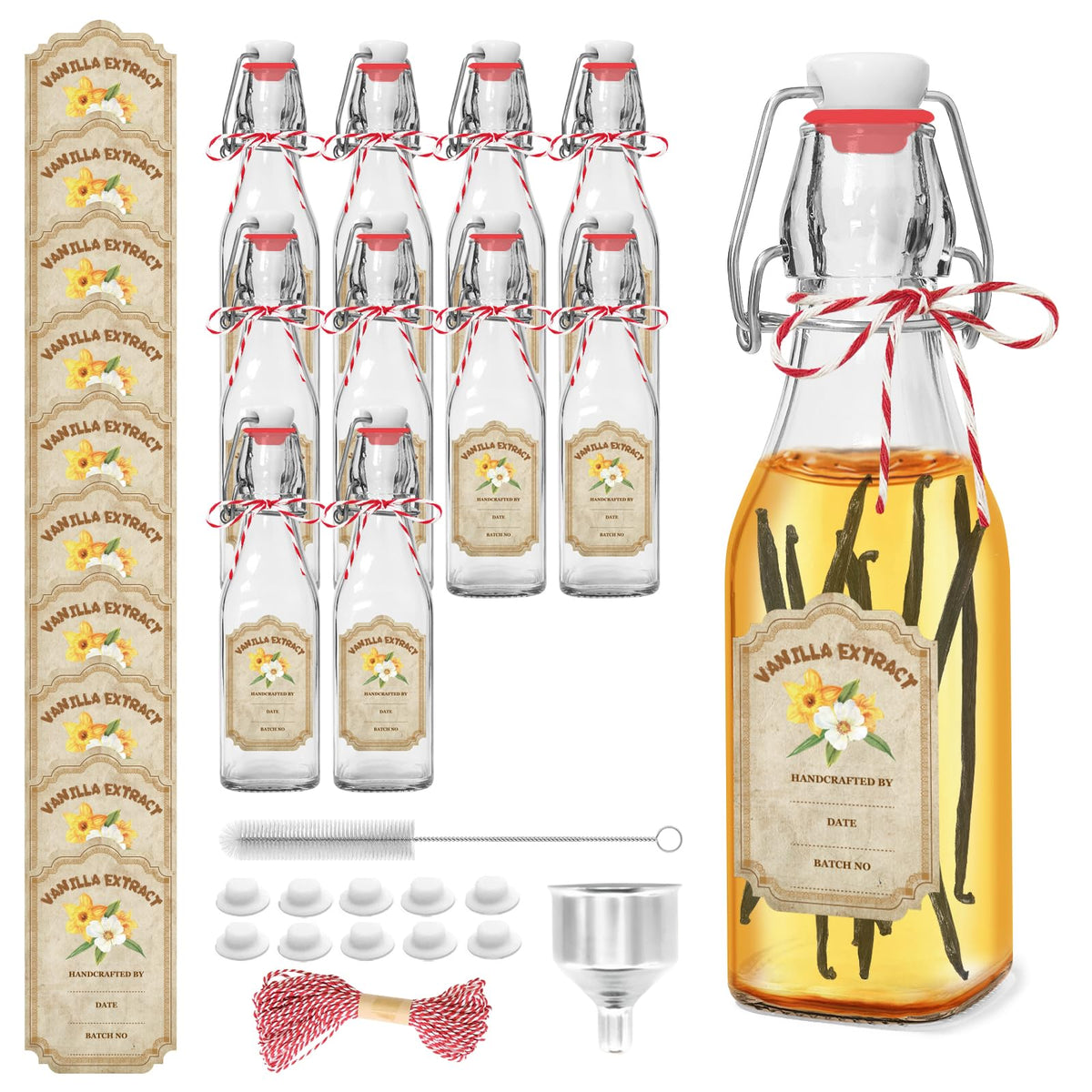 10 Pack Swing Top Glass Vanilla Extract Bottles 8 oz with Lids, Vanilla Extract Labels and Funnel, Glass Boston Vanilla Bottles for Syrup Gift, Flip Top Glass Bottles Jars for Vanilla Extract