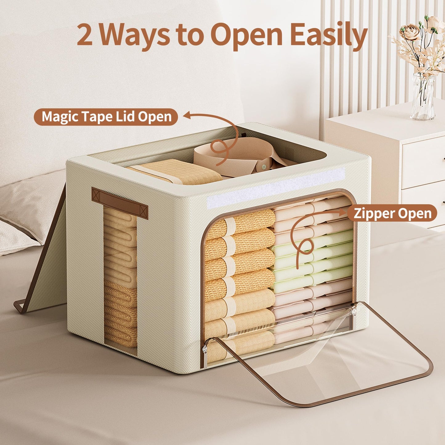 Yecaye 3 Pack Clothes Organizer with Metal Frame, 40L Foldable Storage Cabinet for Clothes, Stackable Metal Frame Storage Box with Lid, Linen Fabric Box Organizer with Clear Window, PU Handles,Beige