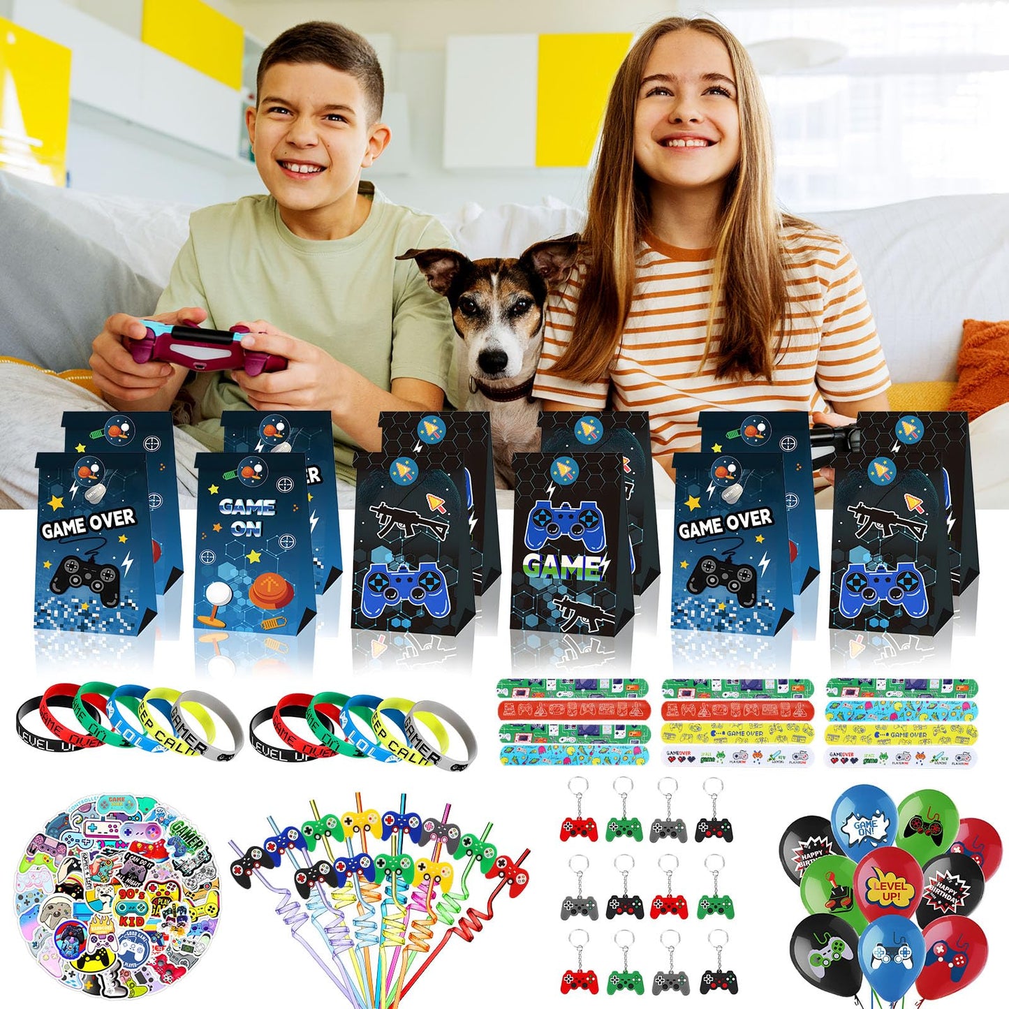 122pcs video game party favors Supplies, Gift Bags, key chains,Wristbands,balloons,Stickers straws etc for Birthday Party Decorations Fill Up the Goodie Bags Prizes Pinata Fillers (video game)