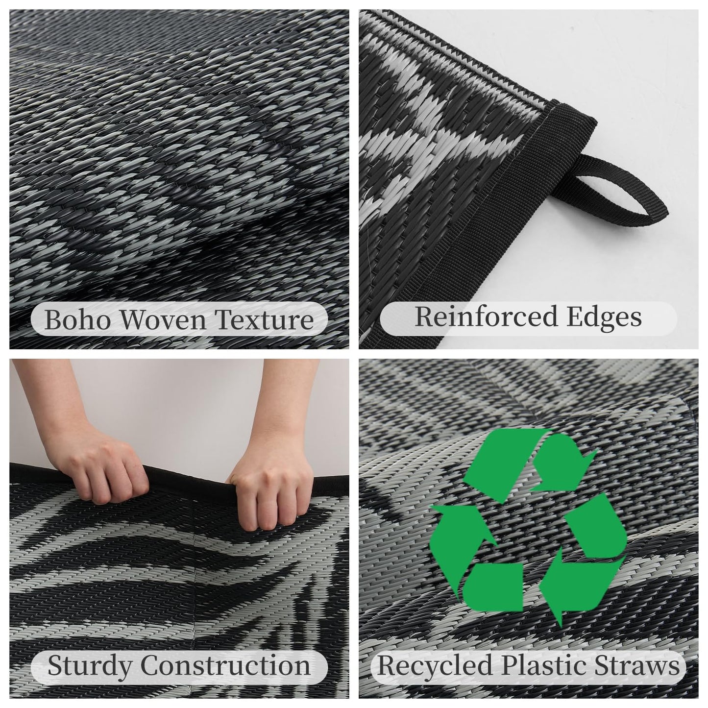 Outdoor Rug-Patio Rug 6x9 ft Waterproof Outdoor Carpet Reversible Portable Outdoor Patio Rugs Camping Mat for Patio Camping Rv Picnic Backyard Deck Balcony Beach Rug,Grey & Black