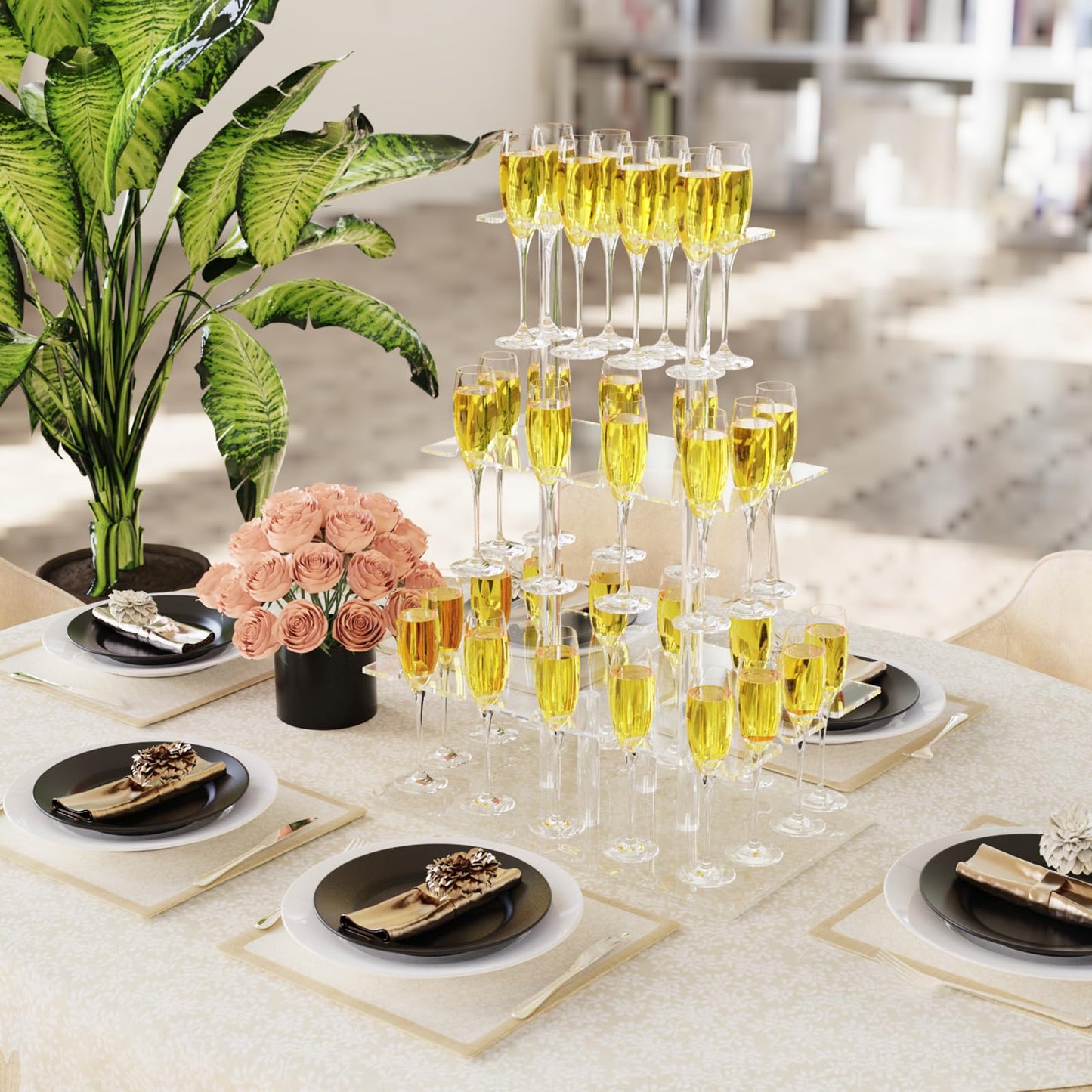 Nynelly Champagne Tower Stand for Party With 32 Slots, 3 Tier Acrylic Wine Glass Stemware Display Rack, Tabletop Champagne Flutes Display Holder with Led Strip, Cocktail Tree Stand